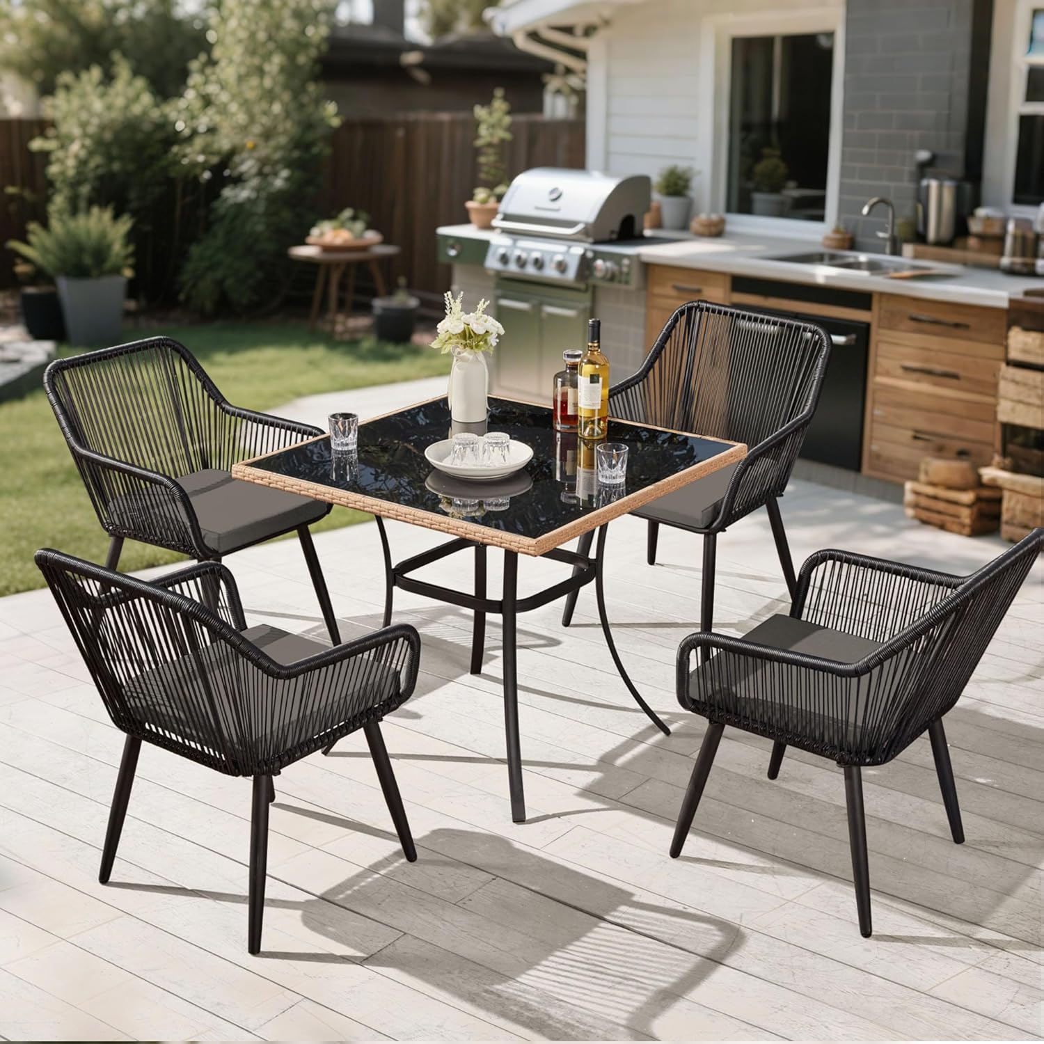 5-Piece Grey Black Wicker Outdoor Dining Set with Glass Table & Waterproof Cushions