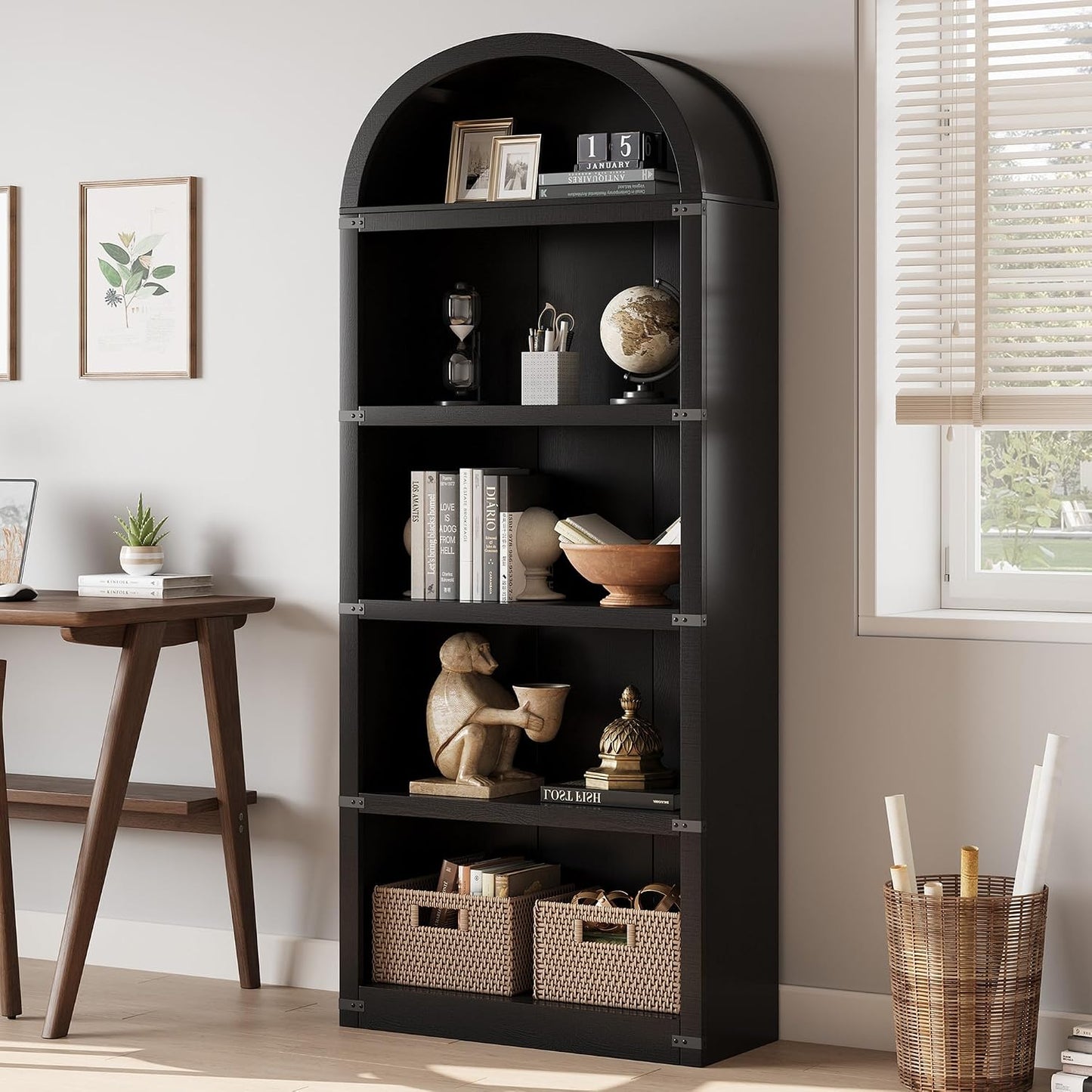 GarveeHome Bookcase 5 Shelf Arched Bookshelf 71.65 in Tall Bookcase Farmhouse Display Storage Rack Wooden Bookshelves for Home Office, Living Room