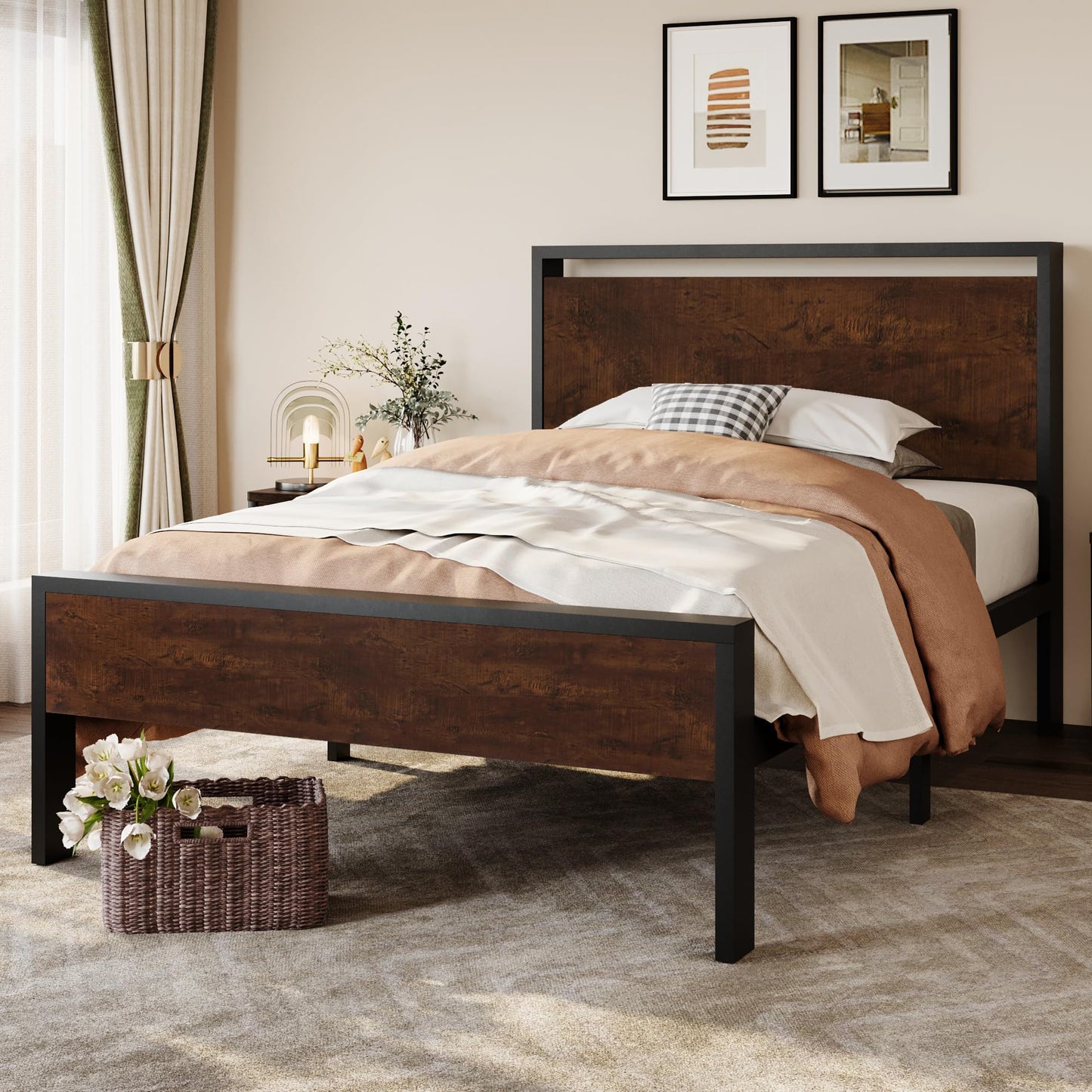 SHA CERLIN 14 Inch Queen Size Metal Platform Bed Frame with Wooden Headboard and Footboard, Mattress Foundation, No Box Spring Needed, Large Under Bed Storage, Non-Slip Without Noise, Mahogany