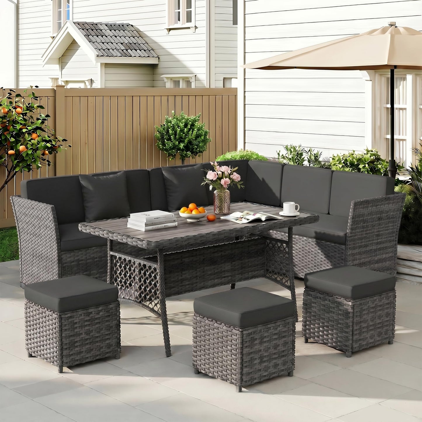 LOUVIXA 7 Pieces Patio Furniture Set, Outdoor Patio Furniture, Wicker Conversation Set with Dining Table, Chairs and Ottoman (17 Modern Black)