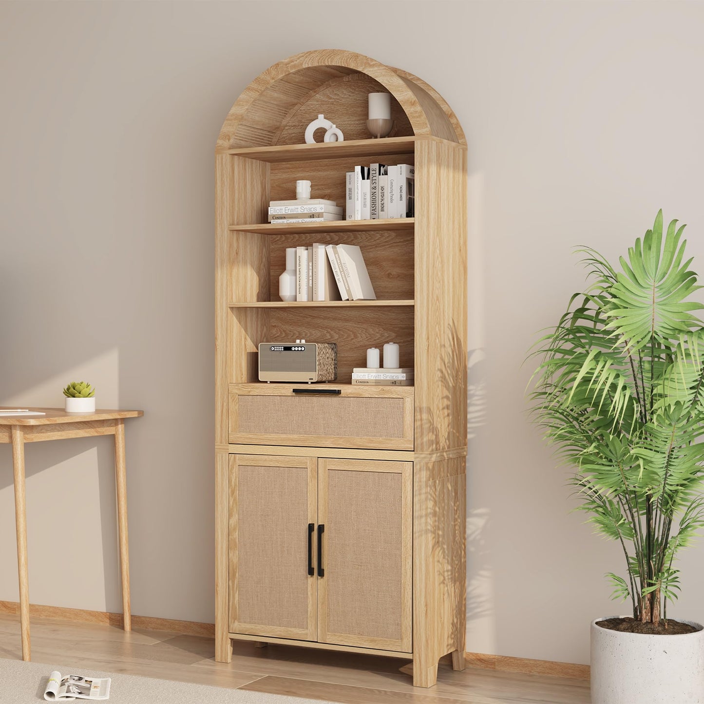 Janmer Home 71" Tall Arched Bookcase with Doors | 6-Tier Mid-Century Modern Arched Bookshelf Storage Cabinet | Adjustable Shelves | Freestanding Display Shelf for Living Room, Office (Natural)