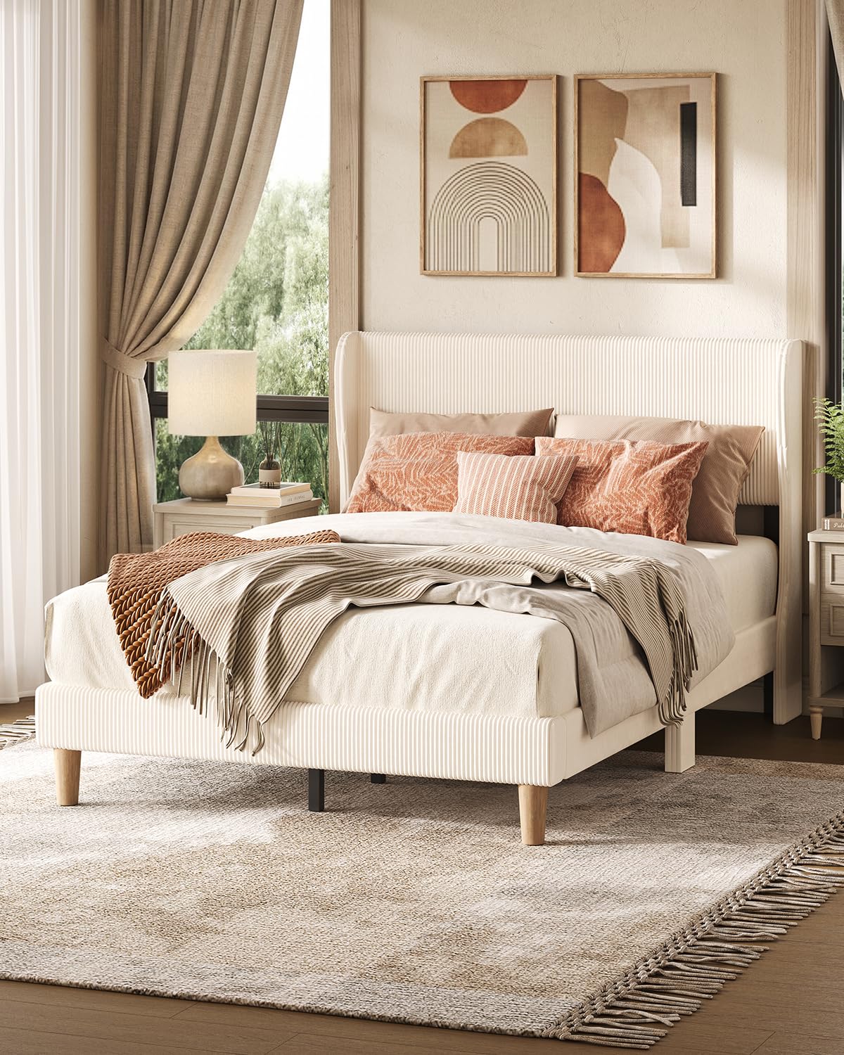 Bestier Queen Bed Frame with Headboard,Platform Queen Size Bed Frame with LED Lighting,Bed Frame Wooden Slats Support,No Box Spring Needed,Never Squeaks, Easy Assembly,Beige
