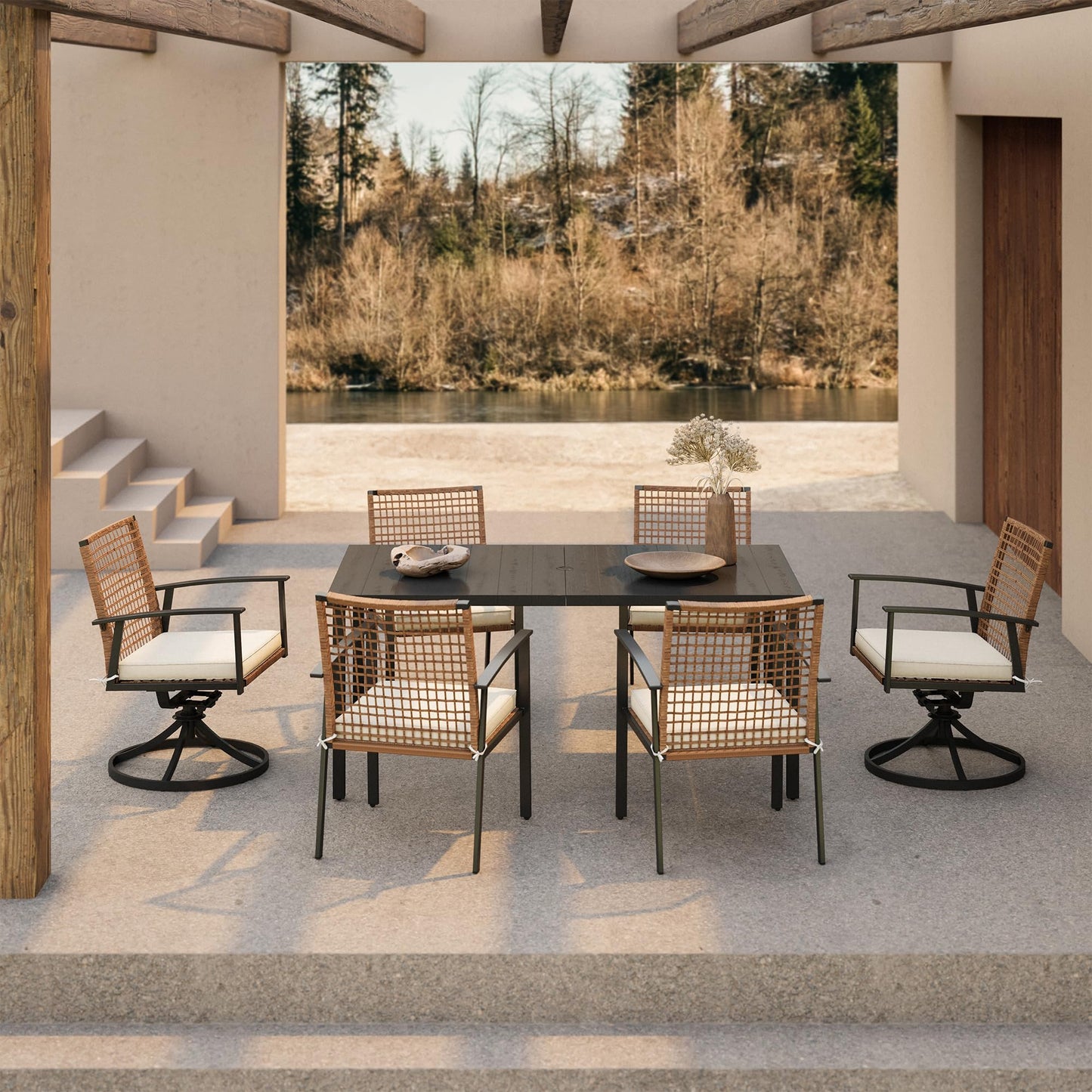 LAUSAINT HOME 7 Pieces Patio Dining Set, Outdoor Furniture Set of 6 Chairs with Soft Cushion and Iron Slats Table Top with Umbrella Hole, Conversation Set for Backyard, Garden and Poolside