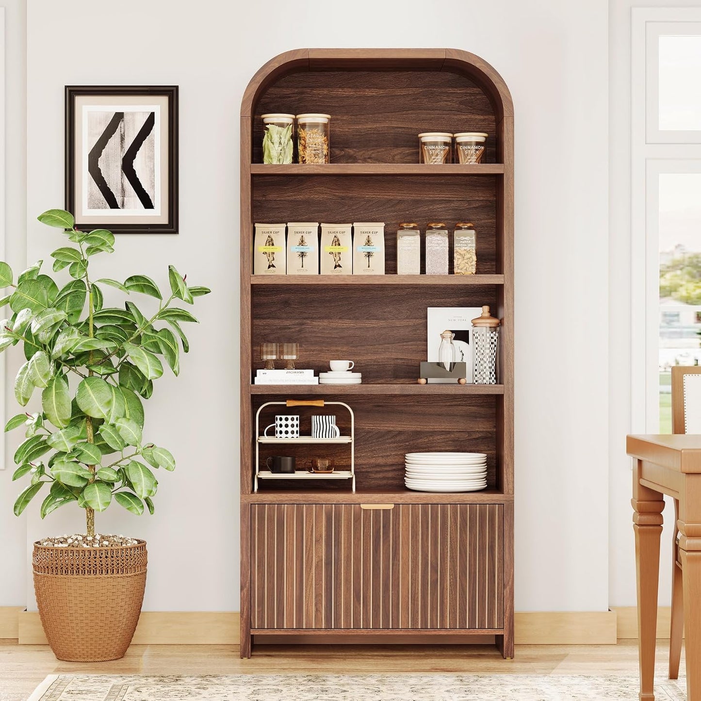 LEVNARY Arched Bookcase with Drawer, 70" Tall 5-Tier Bookshelf with Fluted Carved Drawer, Freestanding Display Storage Cabinet for Living Room Home Office (Walnut)