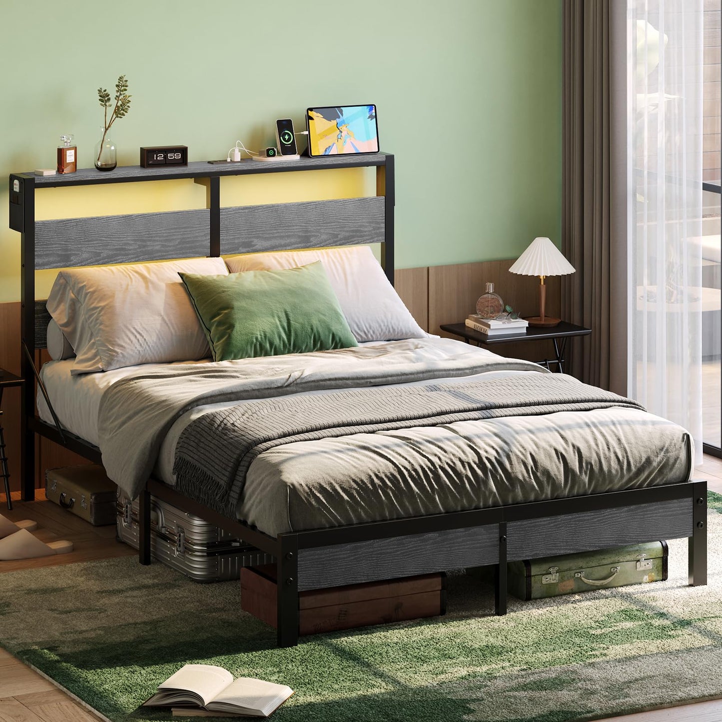 Bestier Queen Bed Frame with Headboard,Platform Queen Size Bed Frame with LED Lighting,Bed Frame Wooden Slats Support,No Box Spring Needed,Never Squeaks, Easy Assembly,Beige