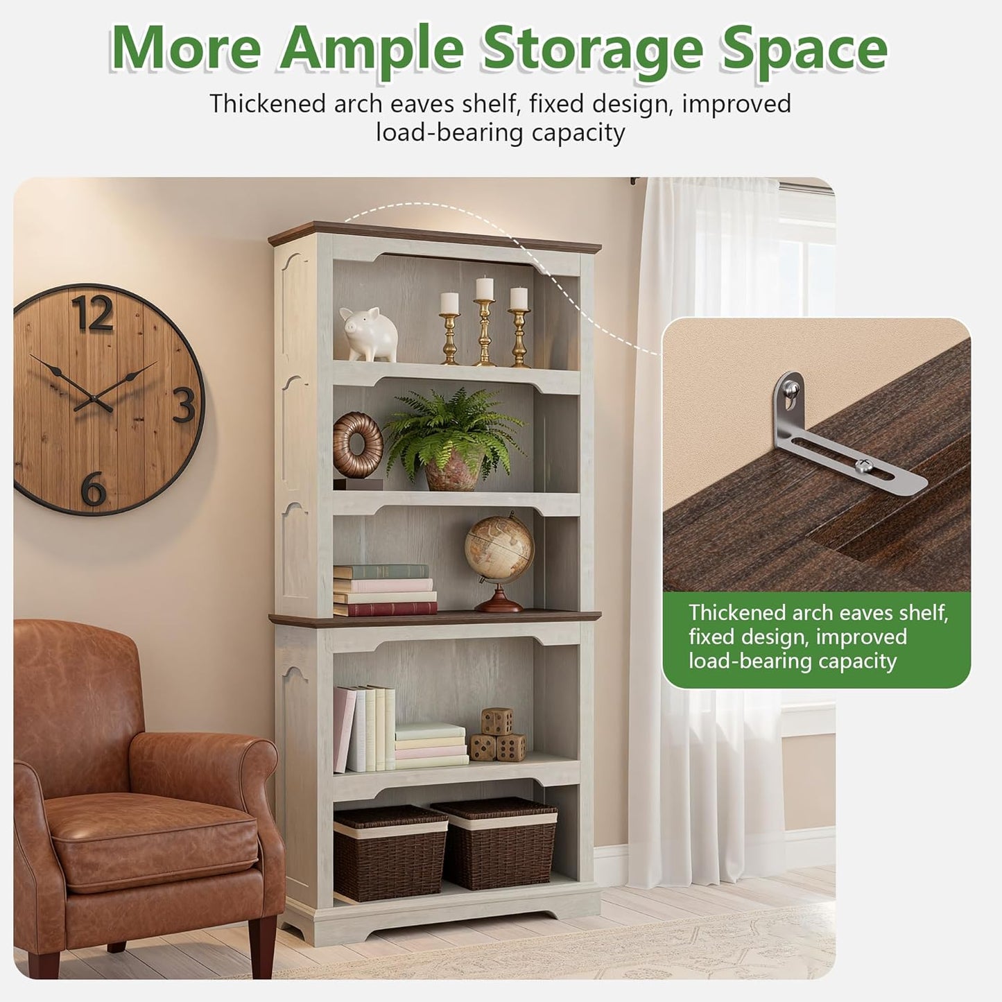 70" Two-Tone 5-Tier Farmhouse Bookshelf with Arched Trim Open Storage Shelves