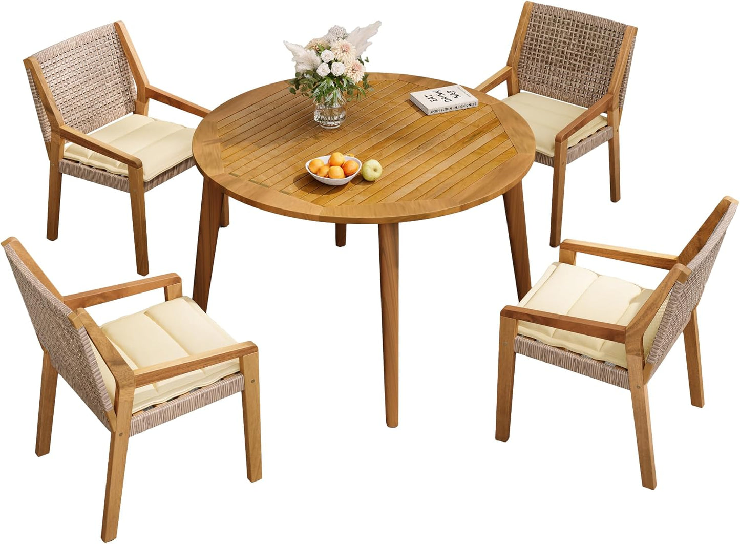 Christopher Knight Home Pelham Wooden Patio Dining Set for 4, Acacia Wood Outdoor Dining Table Set for 4, 5 Piece Outdoor Dining Set with Round Table and Armchair with Seat Cushion, Teak+Beige