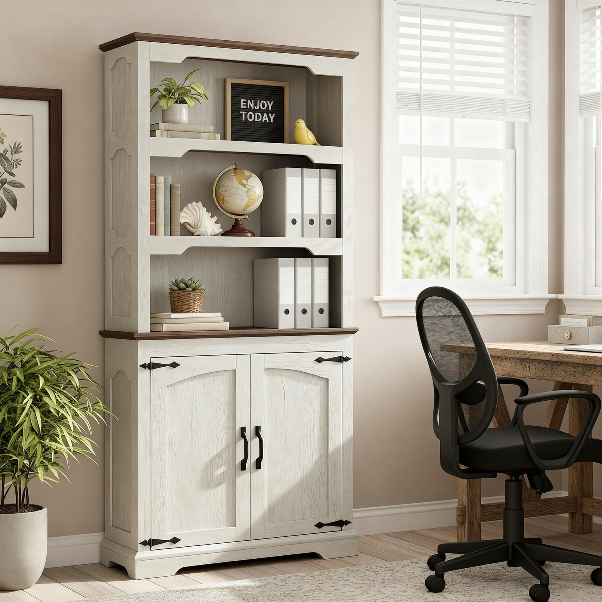 70" Two-Tone 5-Tier Farmhouse Bookshelf with Arched Trim Open Storage Shelves