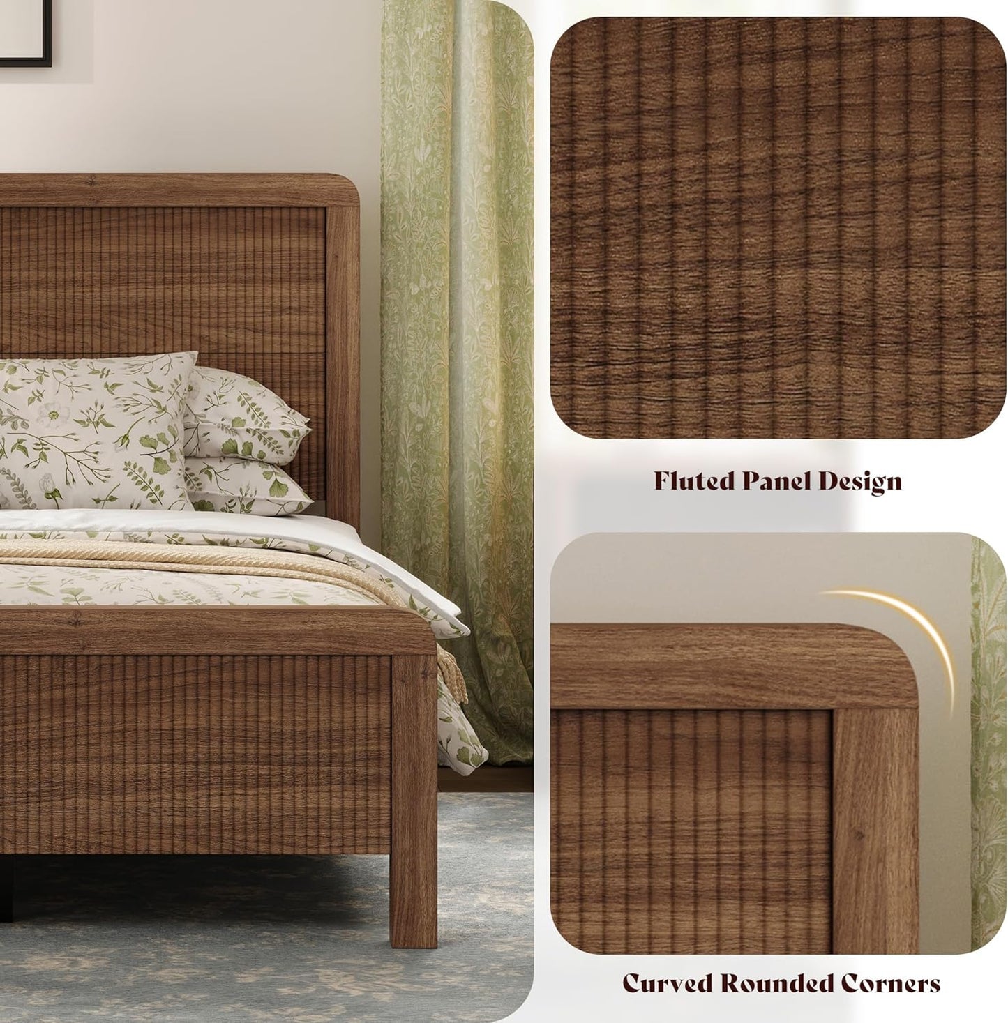 Walnut Fluted Queen Wood Bed Frame with Headboard Footboard & Safe Round Edges