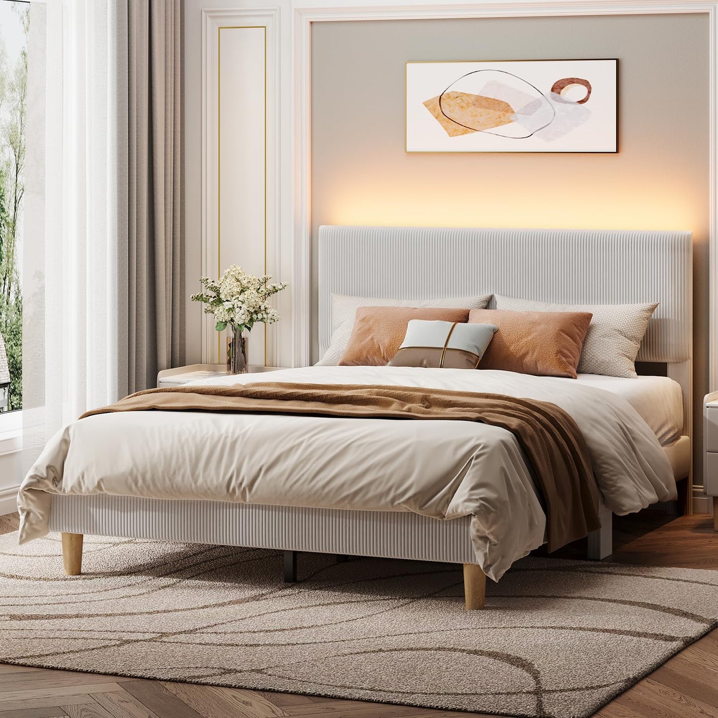Bestier Queen Bed Frame with Headboard,Platform Queen Size Bed Frame with LED Lighting,Bed Frame Wooden Slats Support,No Box Spring Needed,Never Squeaks, Easy Assembly,Beige
