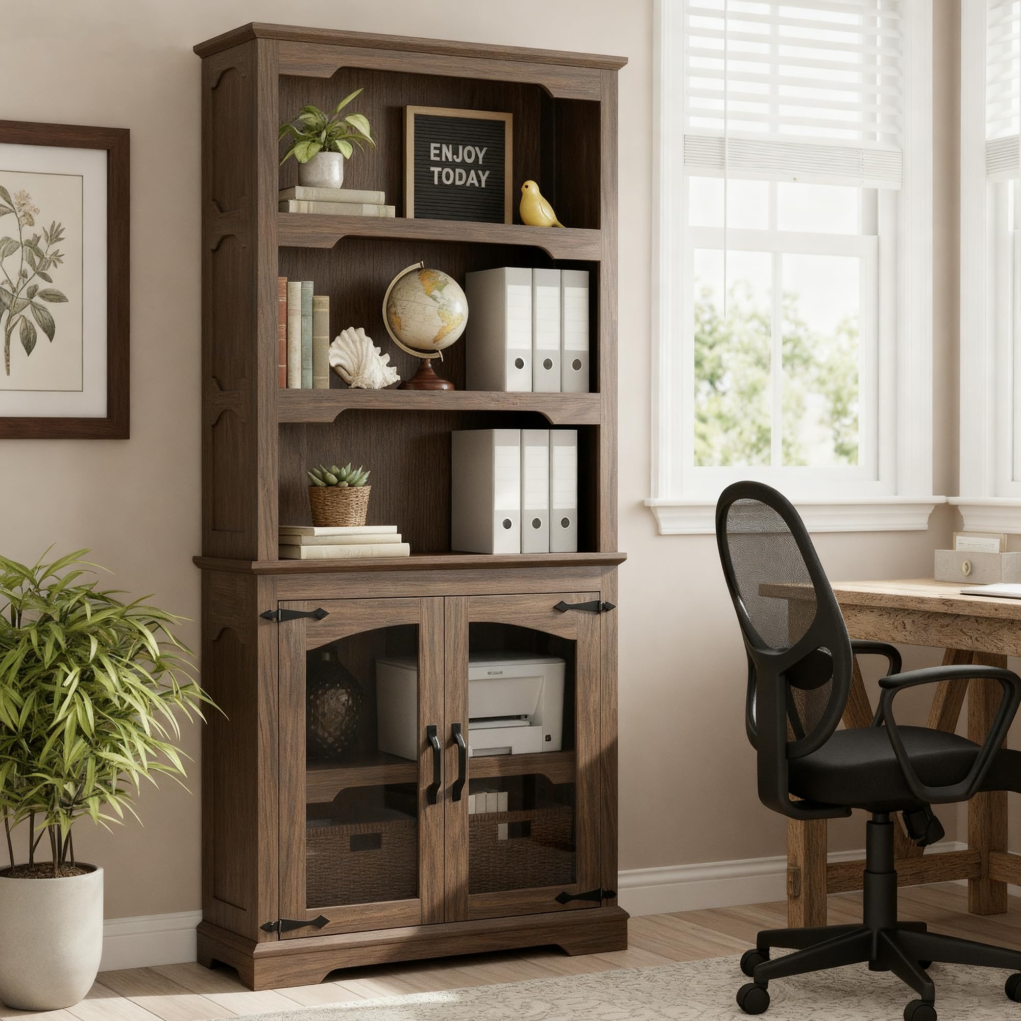 70" Two-Tone 5-Tier Farmhouse Bookshelf with Arched Trim Open Storage Shelves