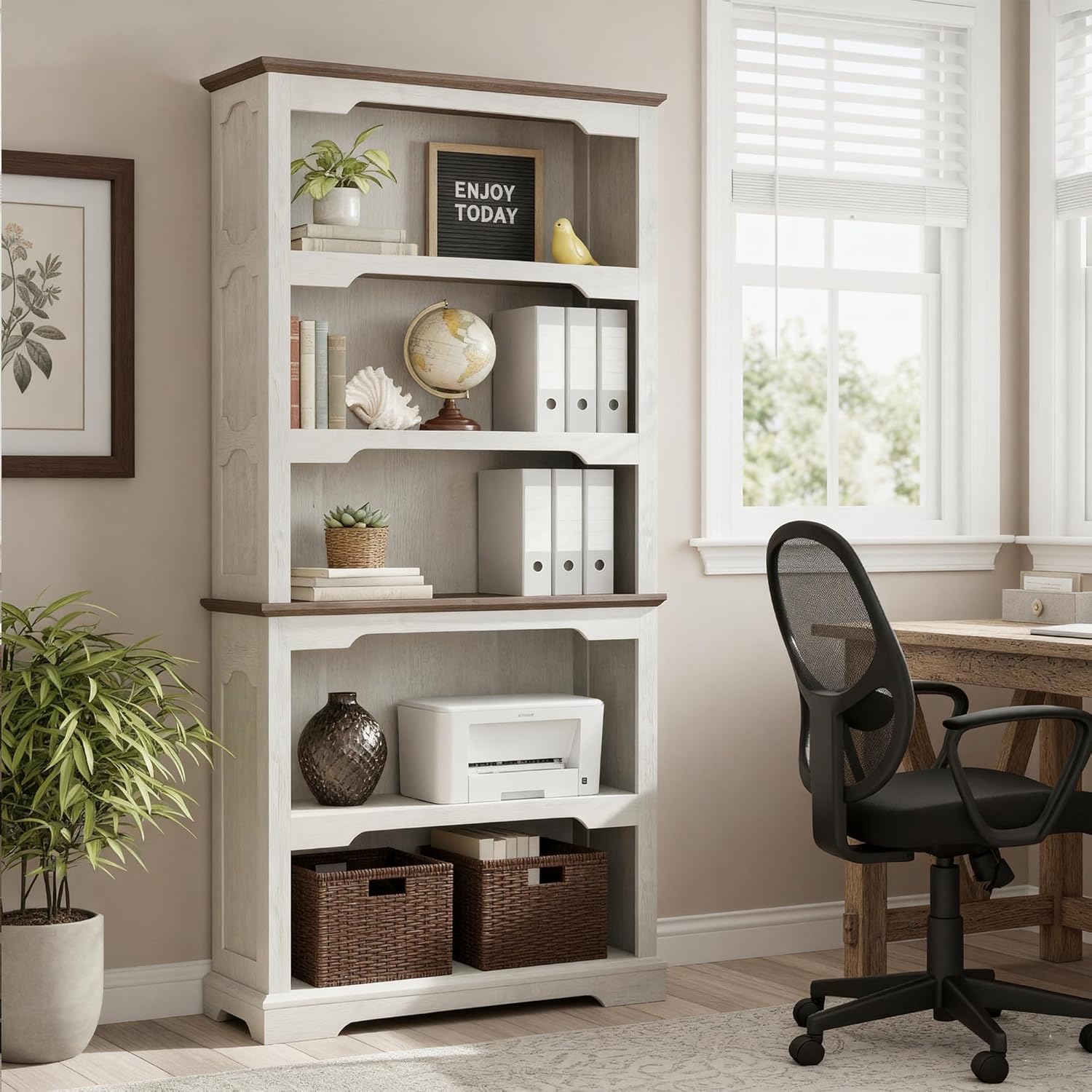 70" Two-Tone 5-Tier Farmhouse Bookshelf with Arched Trim Open Storage Shelves