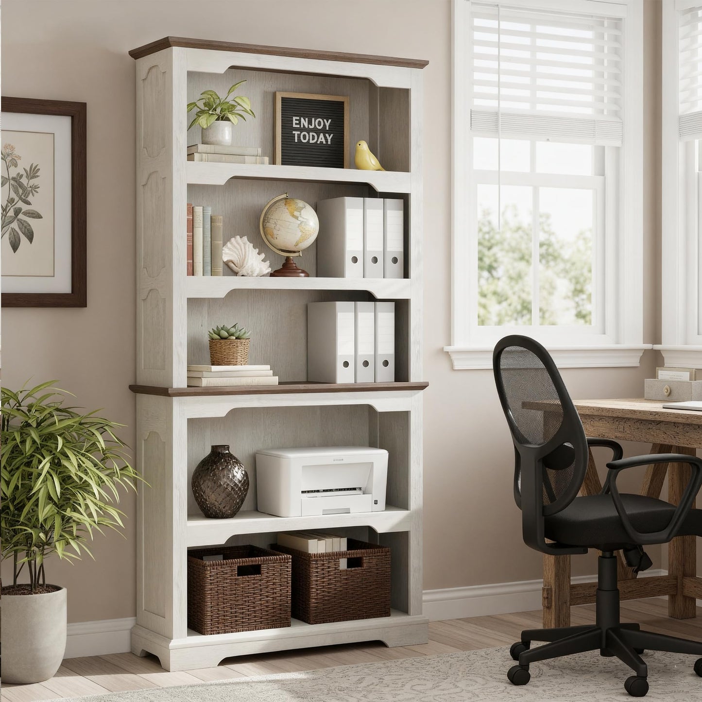 70" Two-Tone 5-Tier Farmhouse Bookshelf with Arched Trim Open Storage Shelves