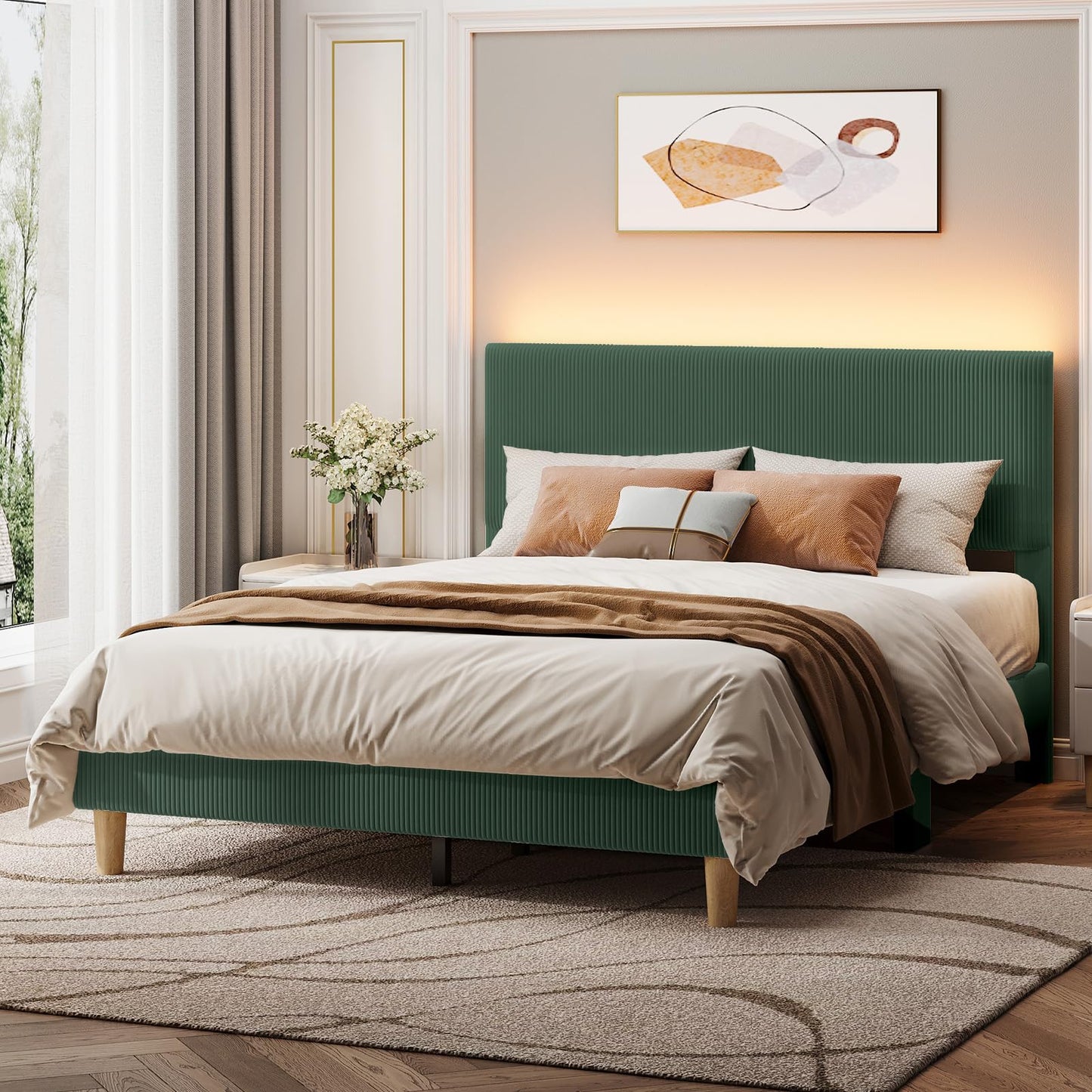 Bestier Queen Bed Frame with Headboard,Platform Queen Size Bed Frame with LED Lighting,Bed Frame Wooden Slats Support,No Box Spring Needed,Never Squeaks, Easy Assembly,Beige