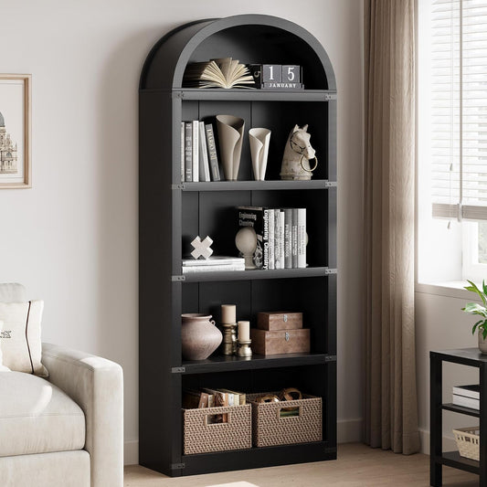 GarveeHome Bookcase 5 Shelf Arched Bookshelf 71.65 in Tall Bookcase Farmhouse Display Storage Rack Wooden Bookshelves for Home Office, Living Room