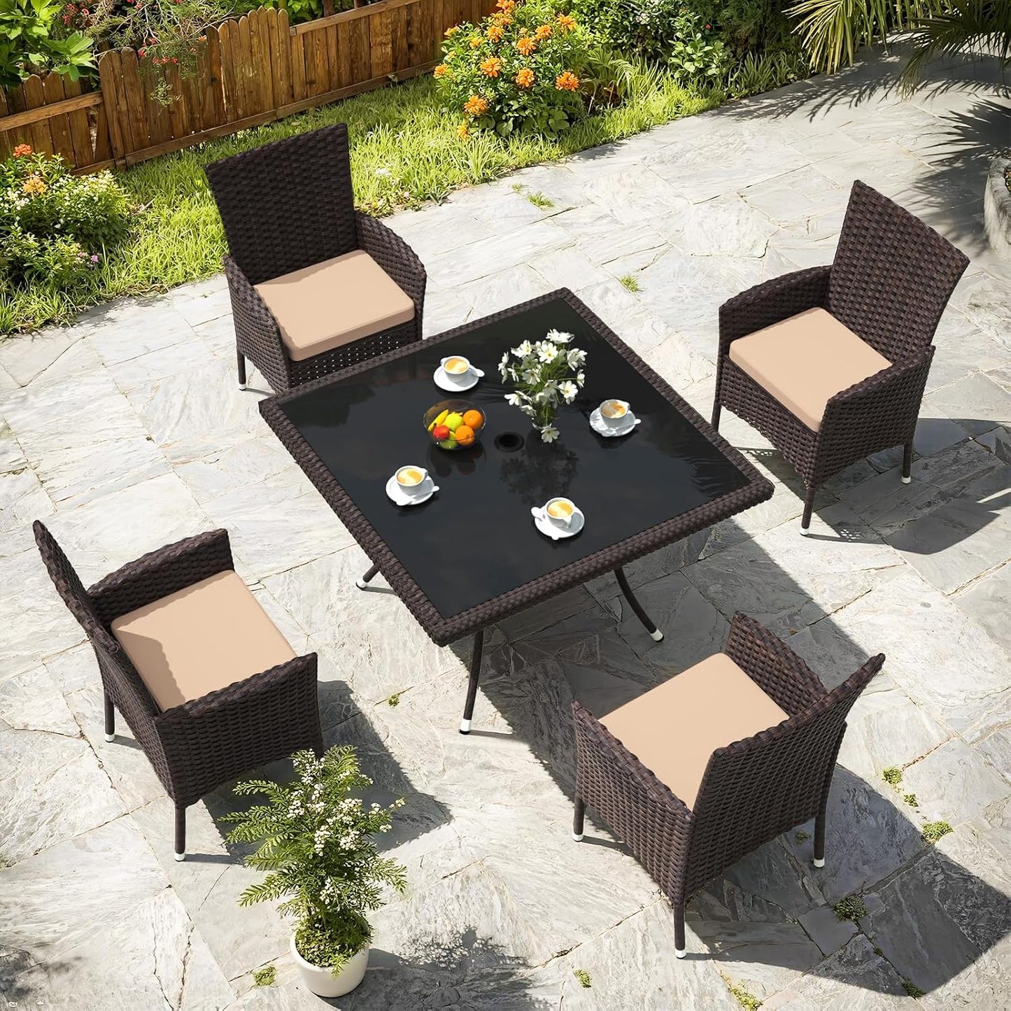 Gotland 5 Piece Outdoor Dining Set, All-Weather Rattan Patio Furniture Set with Umbrella Hole Tempered Glass Square Table, Outdoor Table and Chairs with Removable Cushions for Backyard, Deck, Sand
