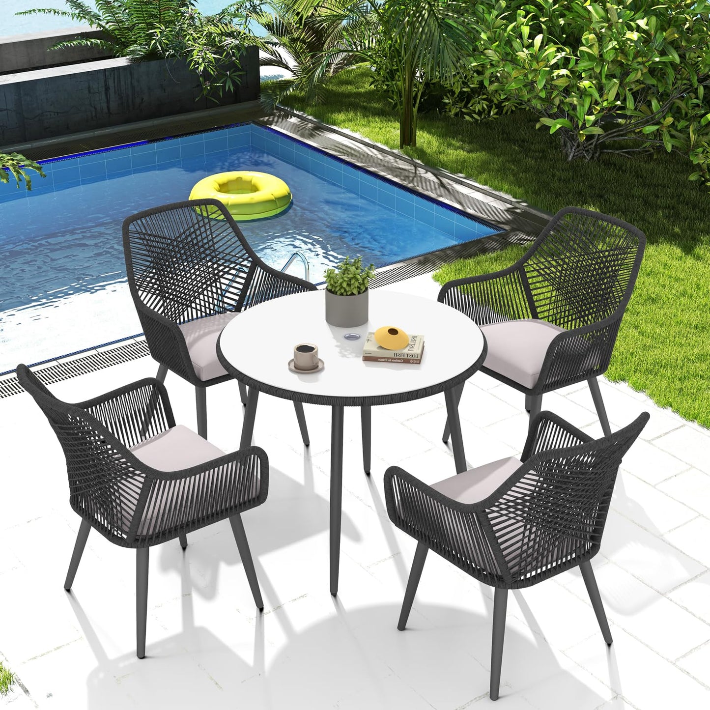 Patiorama 5-Piece Patio Dining Set, Outdoor Dining Table Chair Set, All-Weather Twisted Rattan Wicker Rope Conversation Set, Patio Furniture Set w/Umbrella Hole, 4 Cushioned Chairs&Glass Table(Tan)