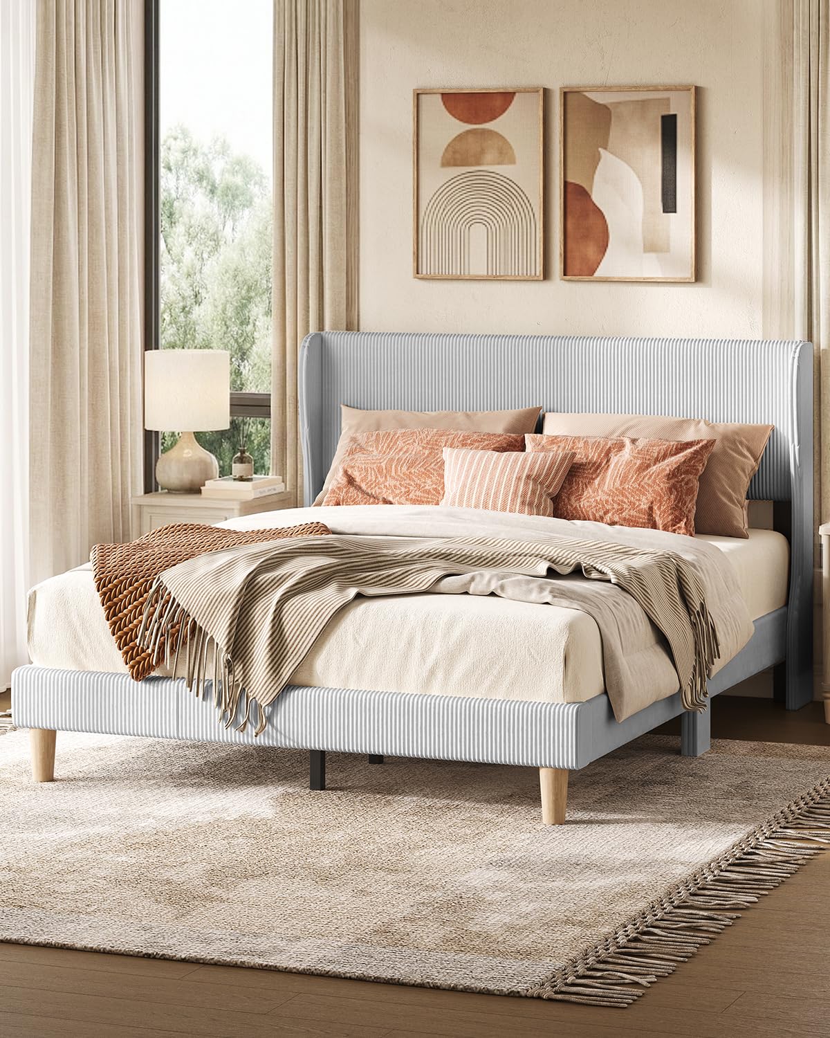 Bestier Queen Bed Frame with Headboard,Platform Queen Size Bed Frame with LED Lighting,Bed Frame Wooden Slats Support,No Box Spring Needed,Never Squeaks, Easy Assembly,Beige