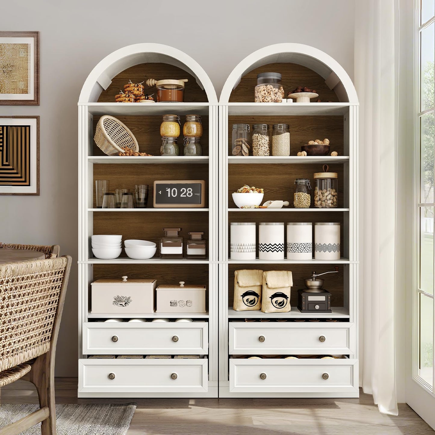 RALGEND Farmhouse Arched Bookshelf, 7 Tiers Arch Bookcase with 2 Spacious Drawers, Modern Book Shelf with Open Display Shelves and Storage Cabinet, for Office, Living Room, Kitchen, Walnut