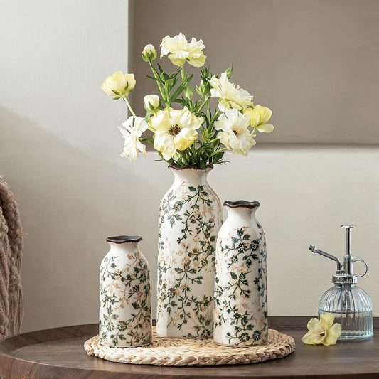 Set of 3 Green Rustic Ceramic Farmhouse Vases, Vintage Decor Flower Vases for Mantel Shelf Entryway Centerpieces