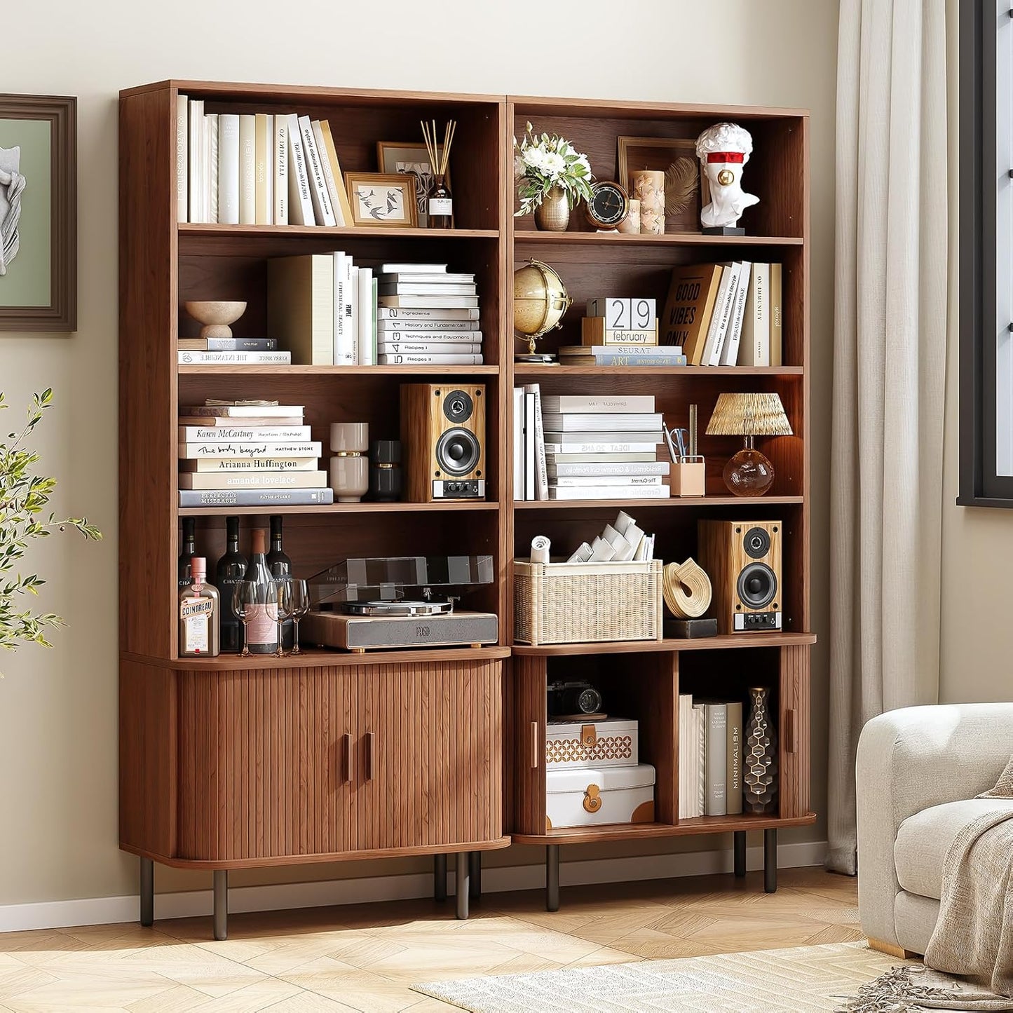 ONBRILL 71" Tall Bookshelf, 4-Tier Bookcase with Storage Cabinet & Adjustable Storage Shelf, Freestanding Wood Bookshelf with Sliding Door and Adjustable Footpad, for Home Office, Living Room, Walnut