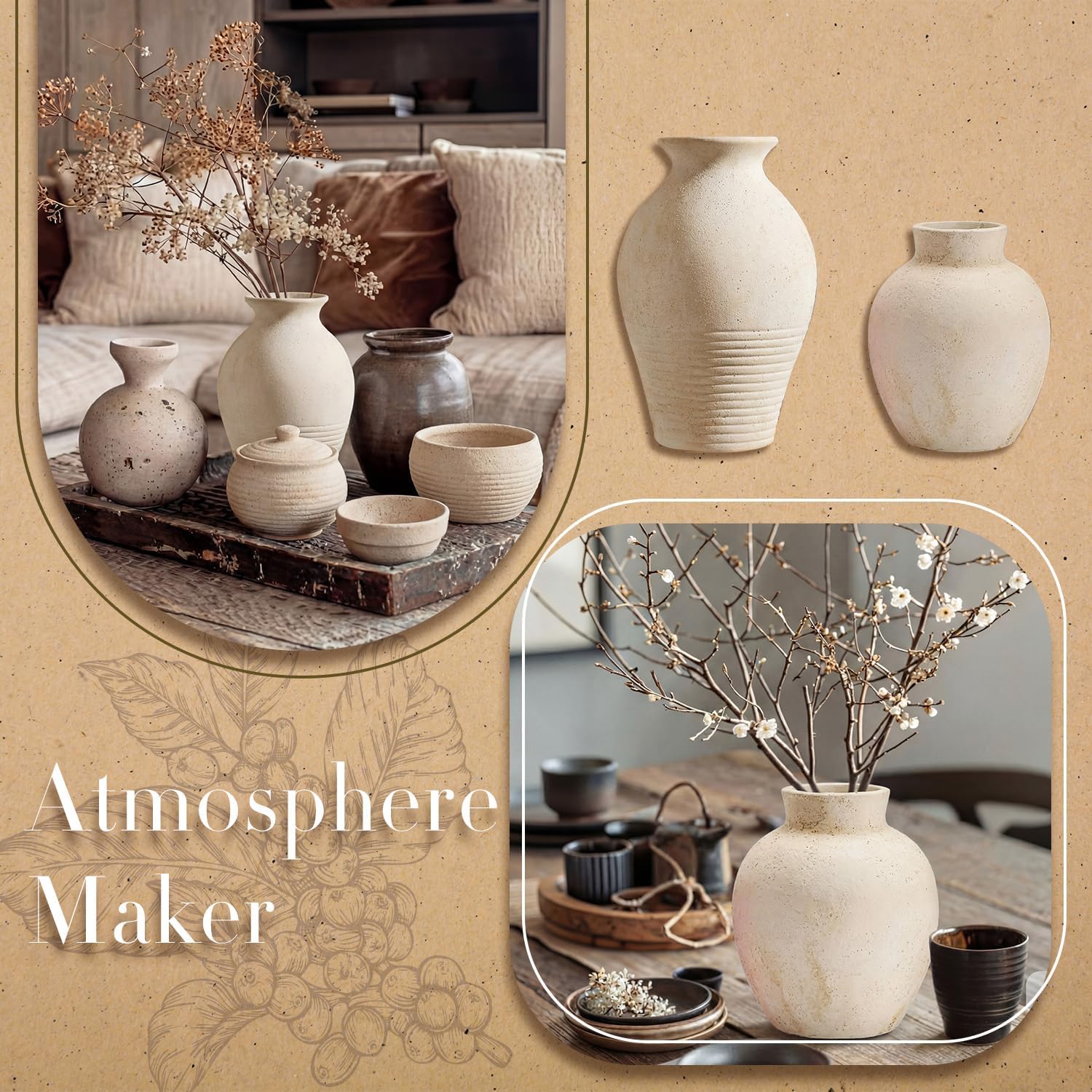 2 Pcs White Terracotta Farmhouse Decor Vases for Living Room Display