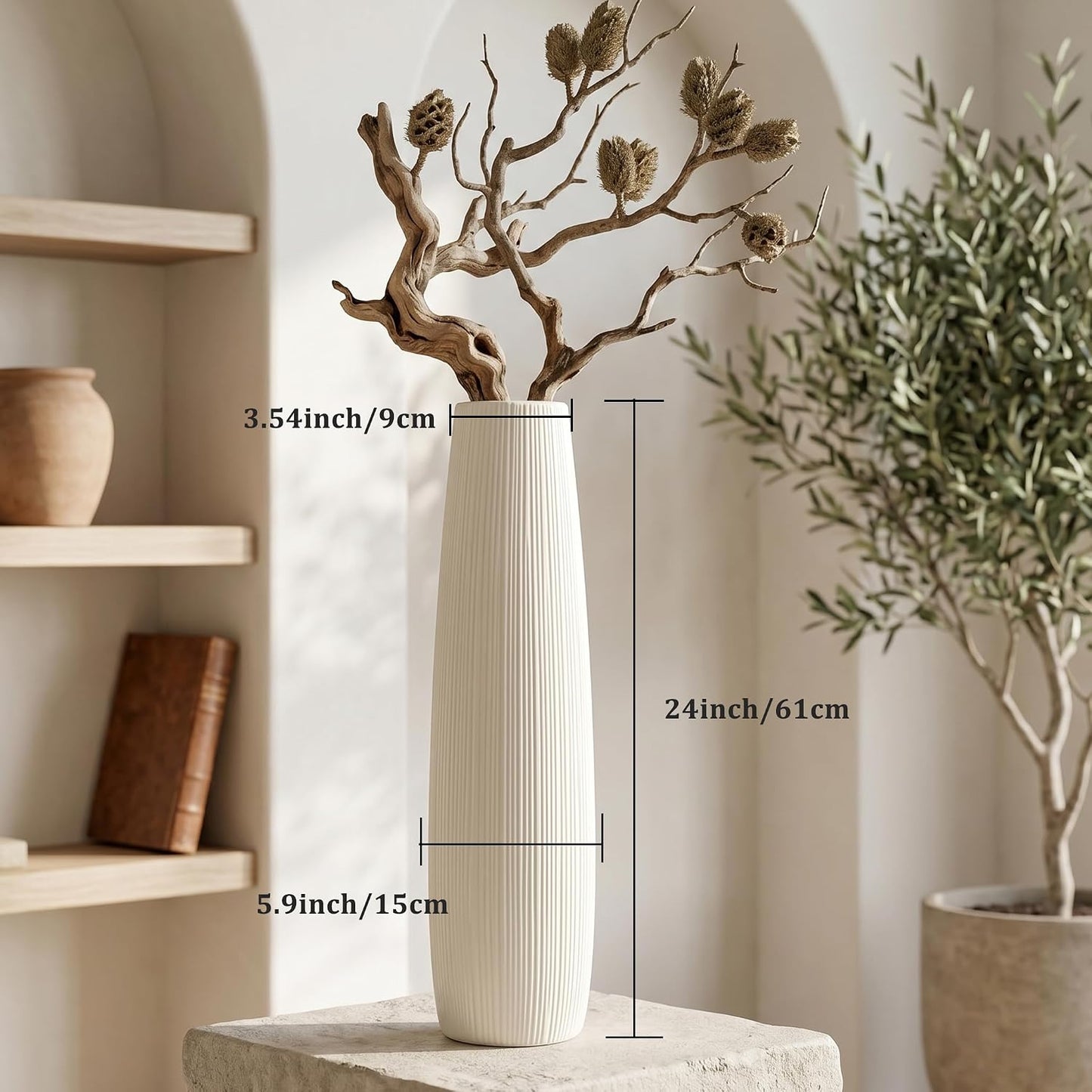 Ceramic Big White Floor Vase, 24" Tall Floor Vase, Large Decorative Flower Vases for Decor Living Room Modern Home Office Bedroom, Farmhouse, Glossy Glaze (24 Inch Tall)