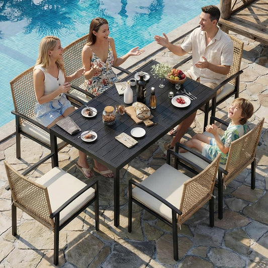 7-Piece 6-Seater Wicker Patio Dining Set with Aluminum Woodgrain Table & Cushioned Chairs