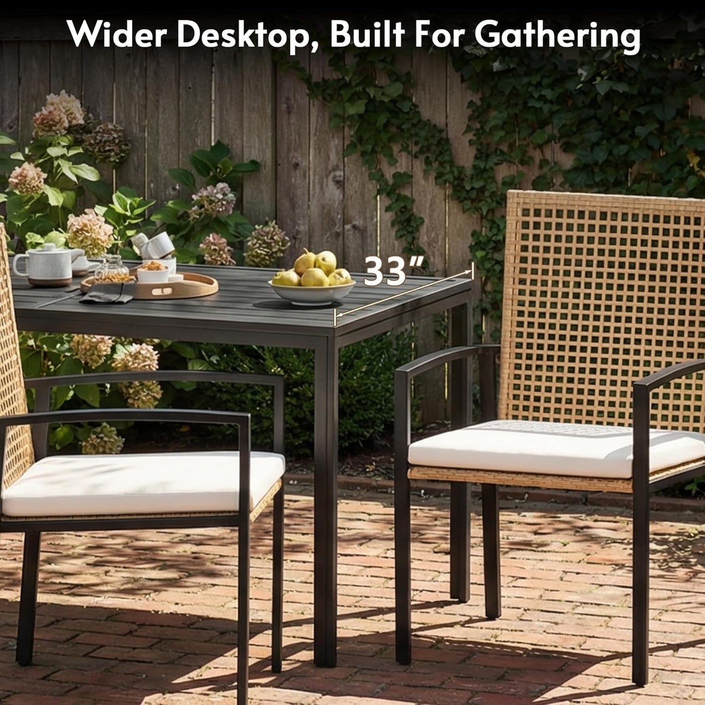 7-Piece 6-Seater Wicker Patio Dining Set with Aluminum Woodgrain Table & Cushioned Chairs