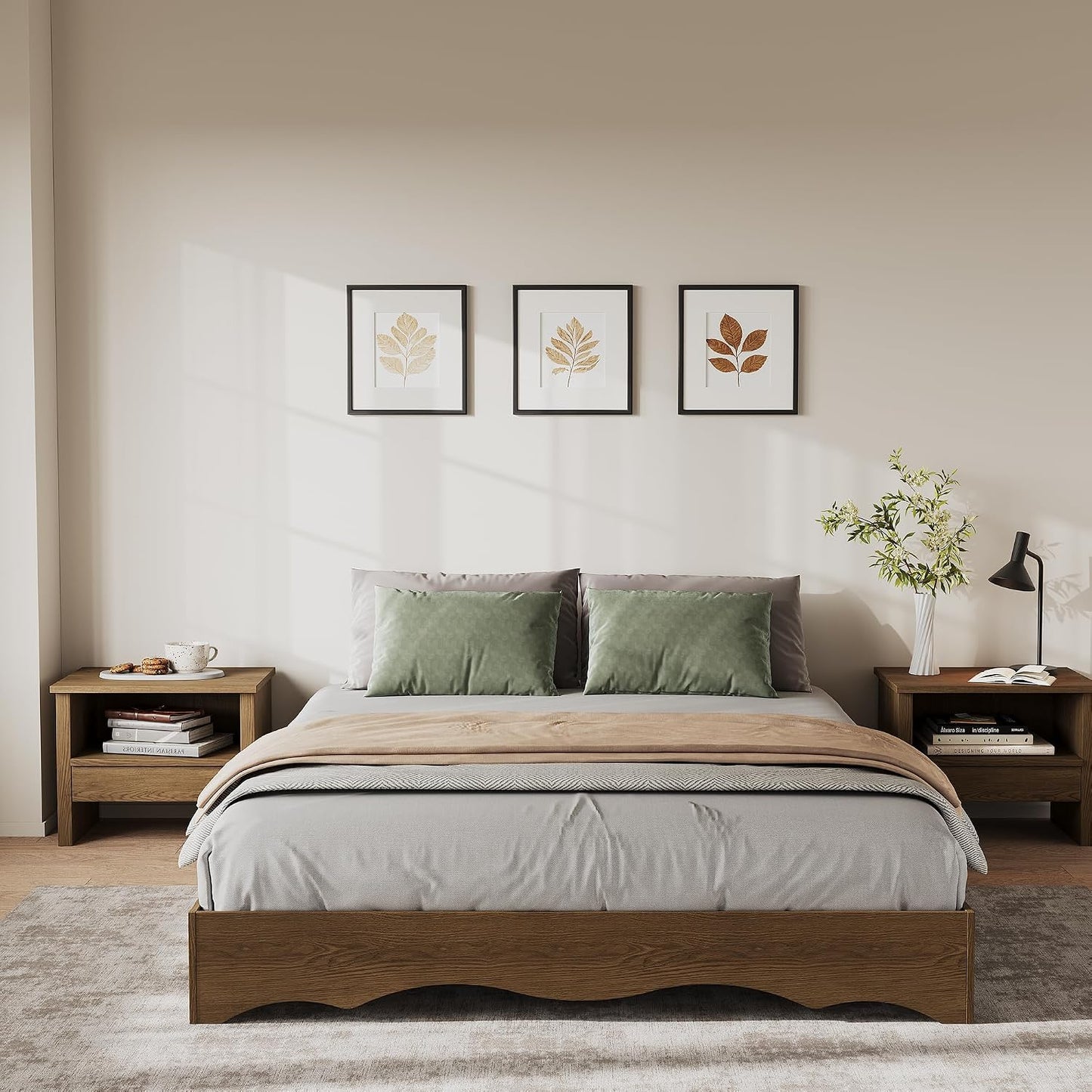 IDEALHOUSE Queen Bed Frame, Wood Platform Bed with Wave Design, Low Bed Frame Without Headboard, Minimalist Bed Base with Noise-Free, Easy Assembly, No Box Spring Needed