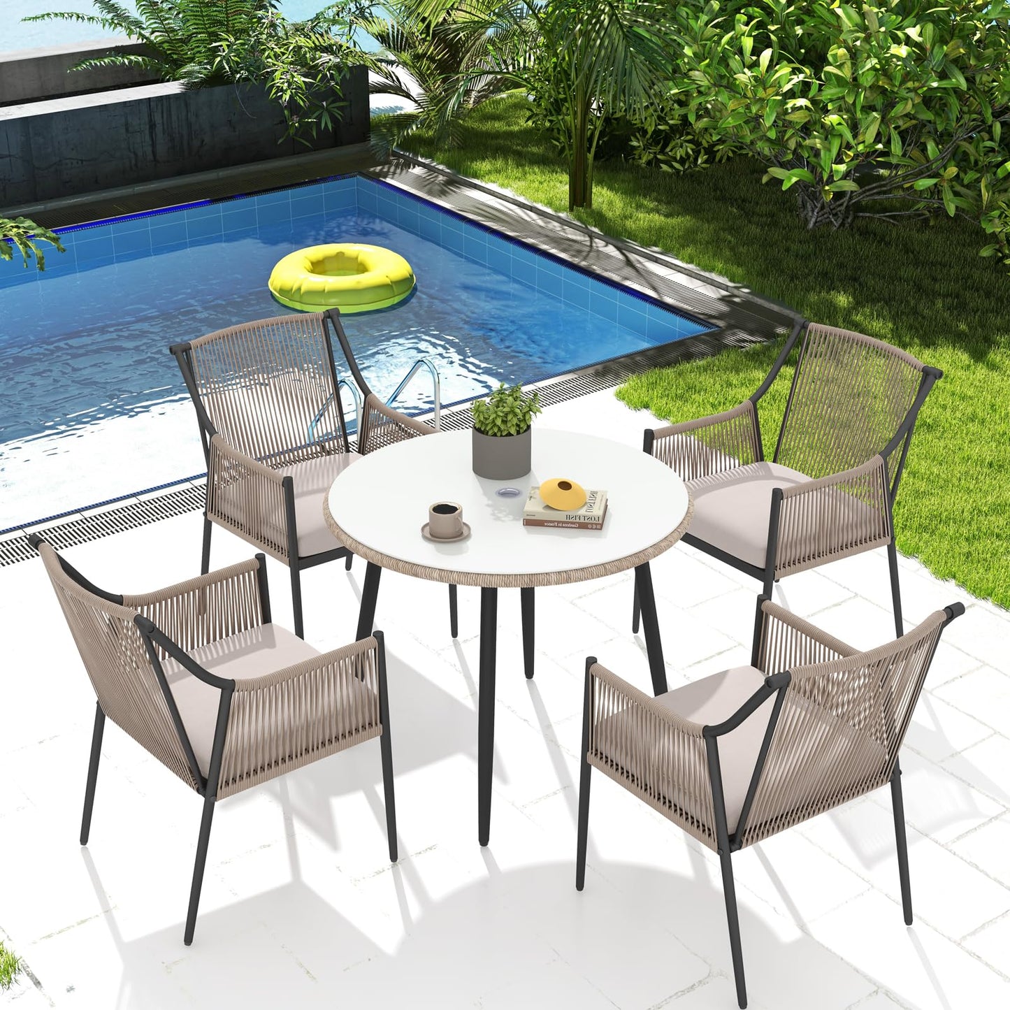 Patiorama 5-Piece Patio Dining Set, Outdoor Dining Table Chair Set, All-Weather Twisted Rattan Wicker Rope Conversation Set, Patio Furniture Set w/Umbrella Hole, 4 Cushioned Chairs&Glass Table(Tan)