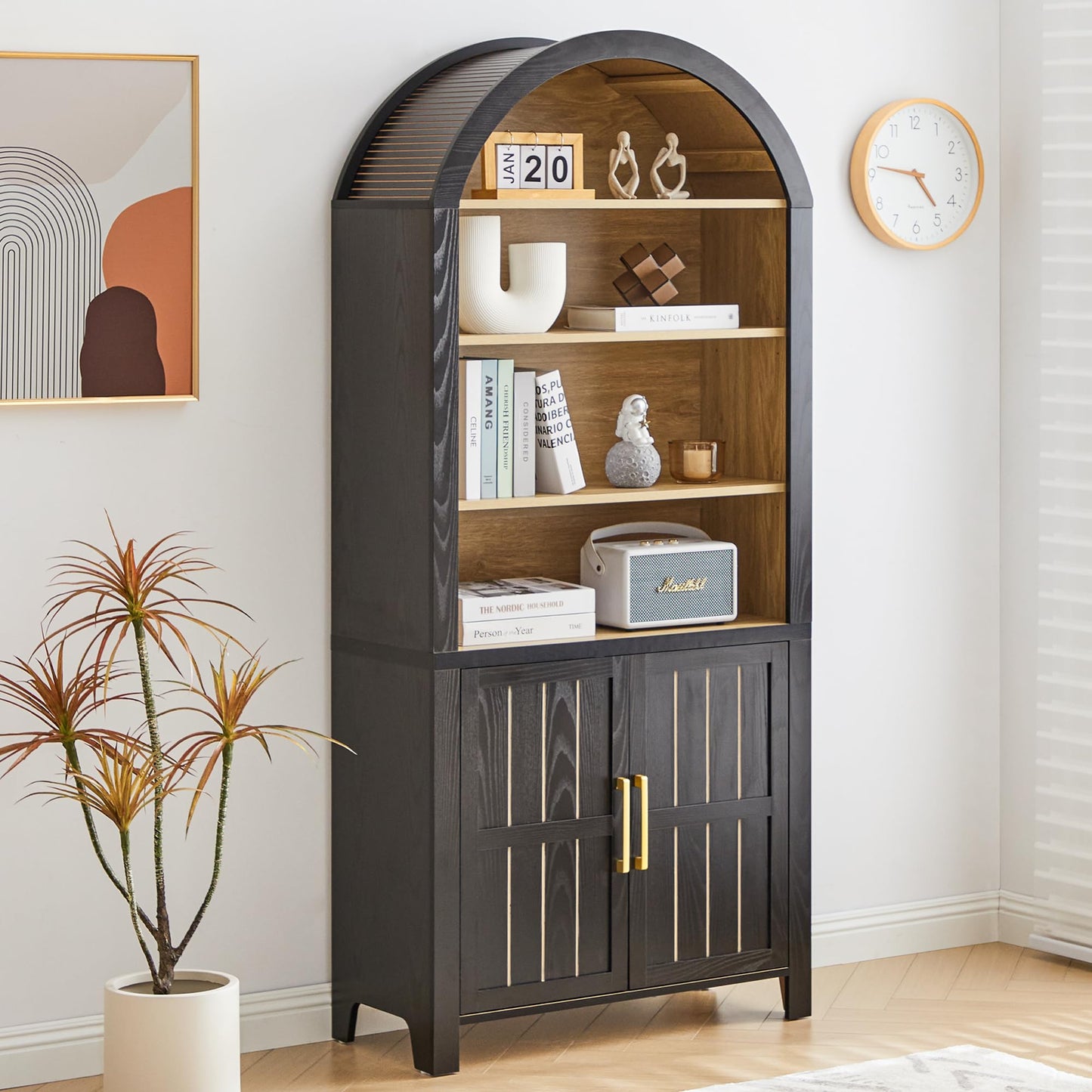Janmer Home 71" Tall Arched Bookcase with Doors | 6-Tier Mid-Century Modern Arched Bookshelf Storage Cabinet | Adjustable Shelves | Freestanding Display Shelf for Living Room, Office (Natural)