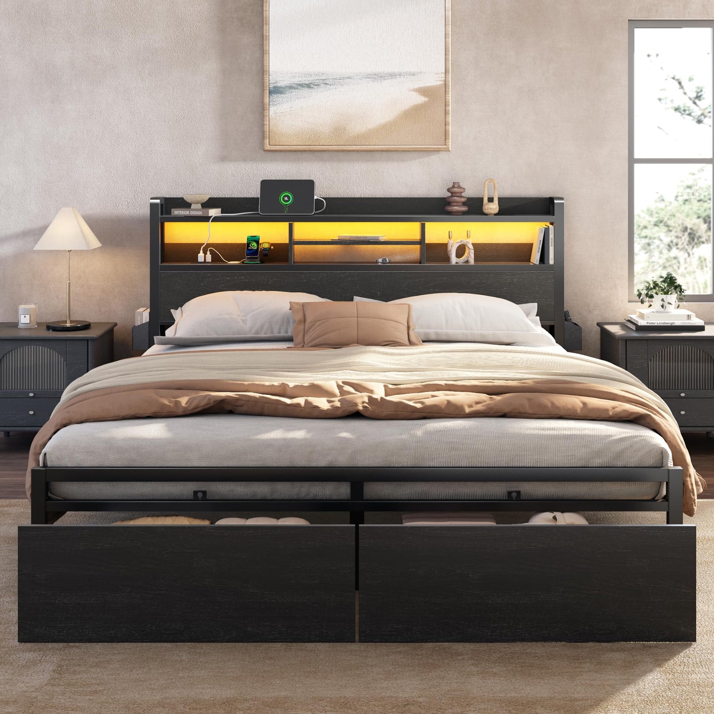 Furnulem Full Size Bed Frame with Wood Headboard, Metal Platform Bed Frame Full Size with 2 Storage Drawers and Shelf, LED Lights and Charging Station, No Box Spring Needed, Noise Free, Black