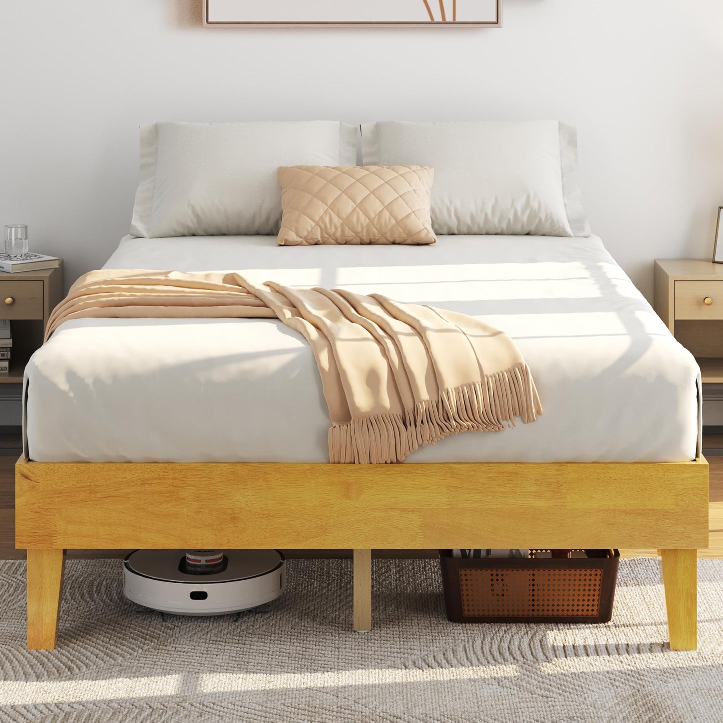 Yaheetech Full Bed Frame Natural Solid Wood Platform Bed with Wooden Slats Support, 12-inch Underbed Space for Storage, Noise-Free Design, Easy Assembly, Dark Walnut Finish
