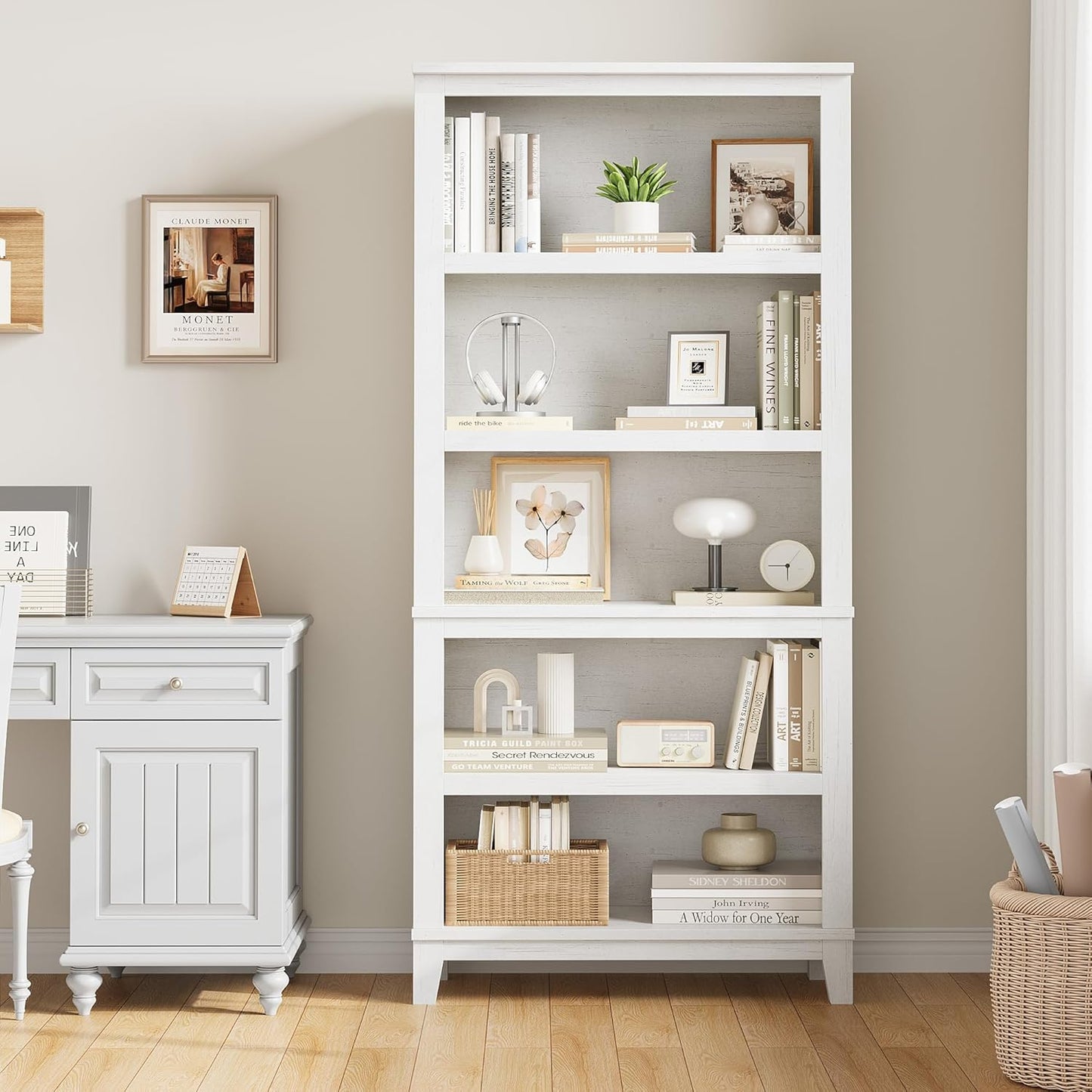 IDEALHOUSE 71" Farmhouse Bookshelf w/Adjustable Shelves & 31.5 in Whidth, 5 Tier Tall Bookshelf with Wooden Legs, Vintage Wooedn Book Shelf for Living Room Office (White, 71.3" H x 31.5" W x 11.8" D)
