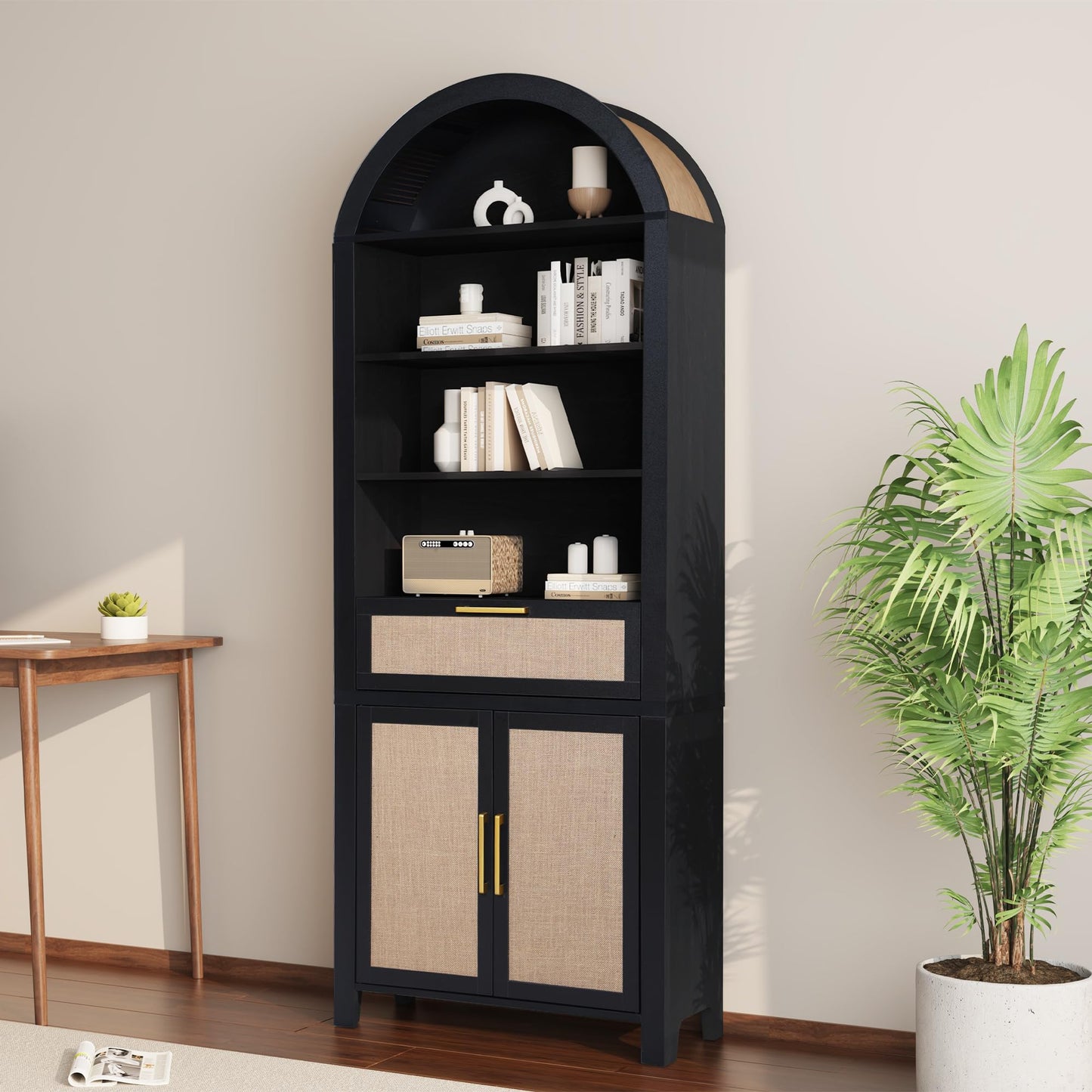 Janmer Home 71" Tall Arched Bookcase with Doors | 6-Tier Mid-Century Modern Arched Bookshelf Storage Cabinet | Adjustable Shelves | Freestanding Display Shelf for Living Room, Office (Natural)