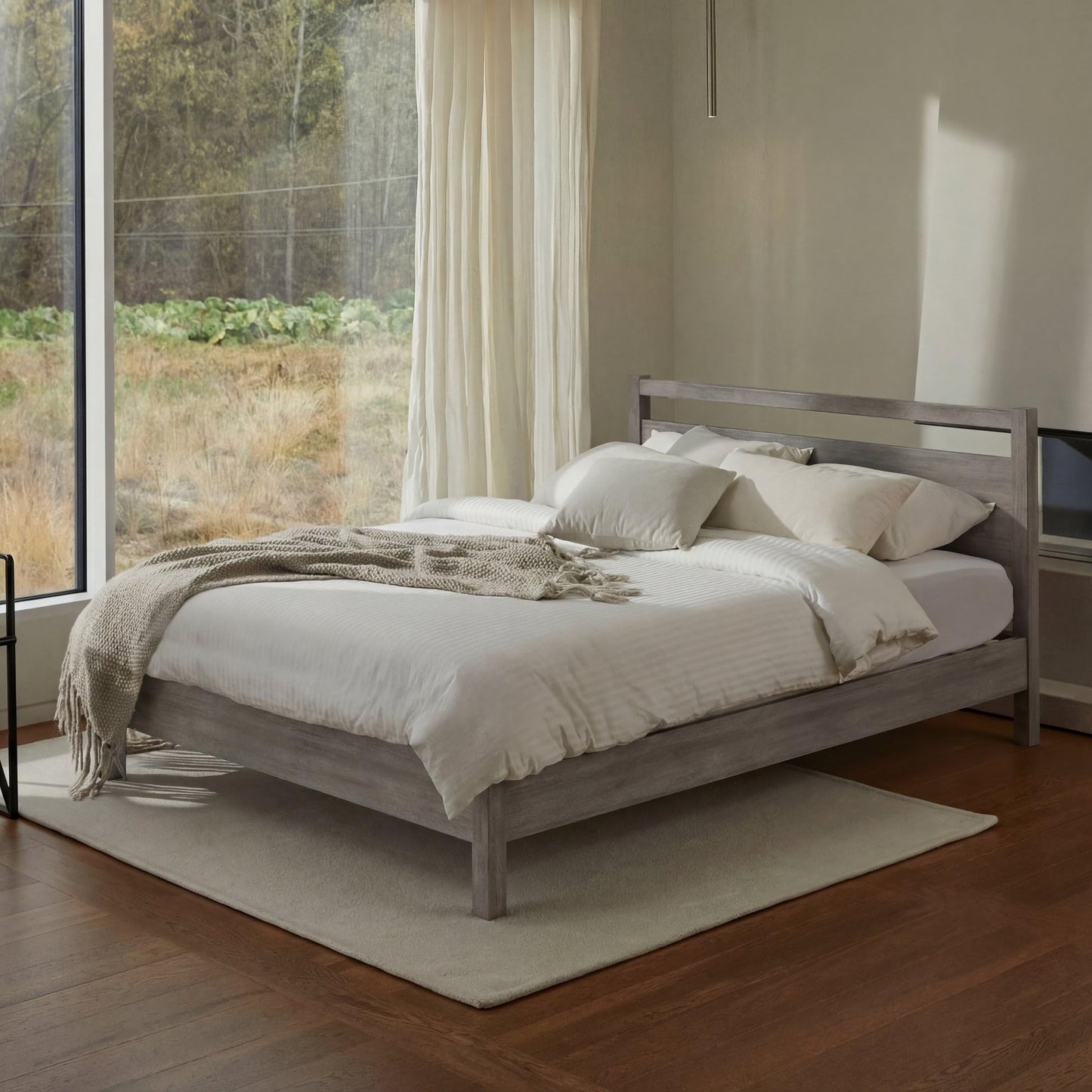 Queen Cherry Wood Platform Bed with Headboard & Under Bed Storage