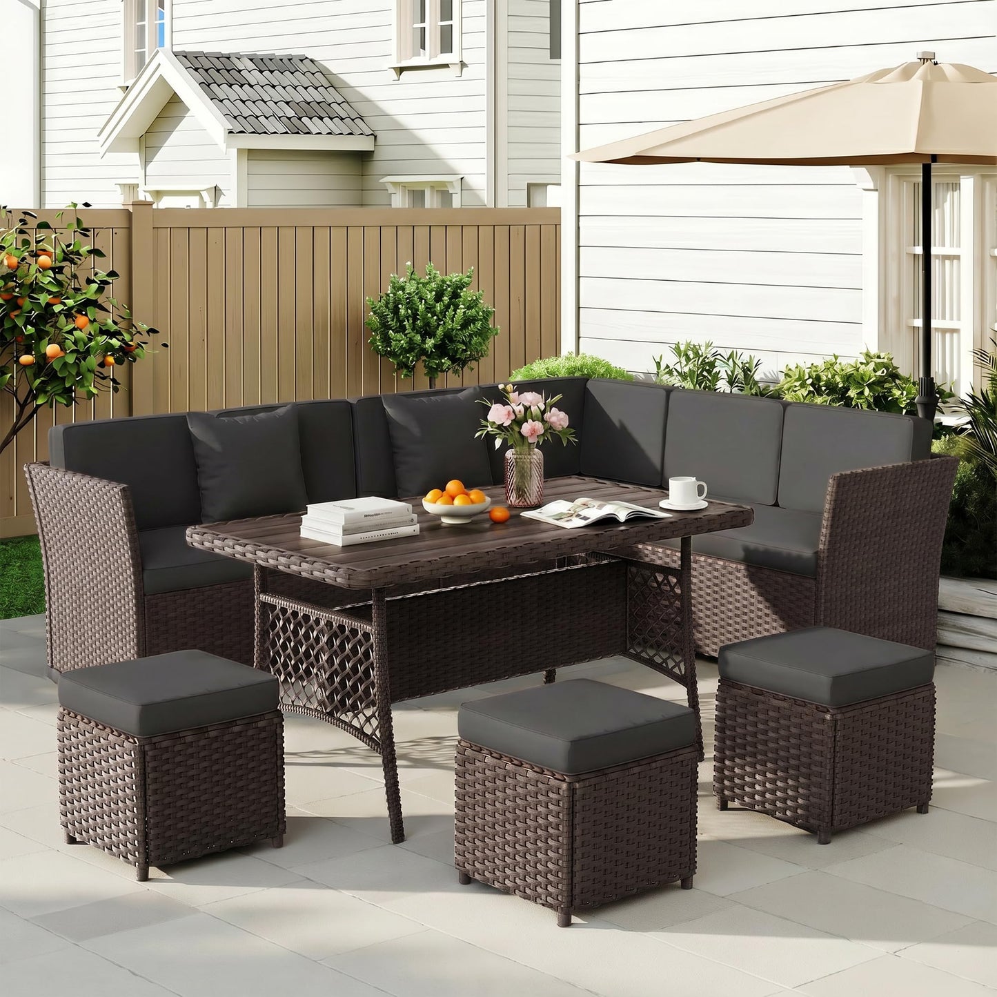 LOUVIXA 7 Pieces Patio Furniture Set, Outdoor Patio Furniture, Wicker Conversation Set with Dining Table, Chairs and Ottoman (17 Modern Black)