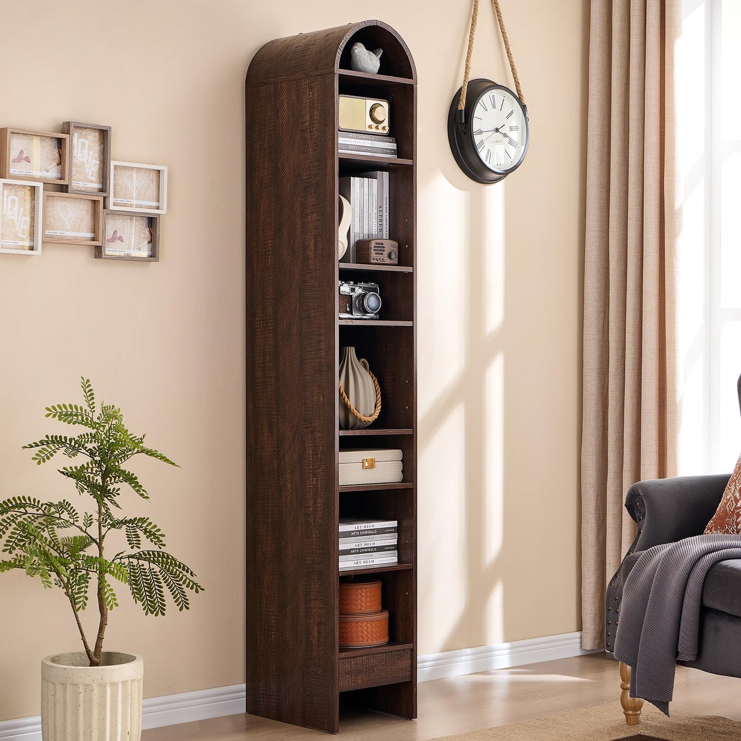 IFGET 71" Tall Arched Bookshelf, 7 Tiers Arch Bookcase with Storage, Modern Farmhouse Book Shelf with Adjustable Shelves, Wood Bookshelf w/Open Display Shelves for Living Room, Office (Brown)