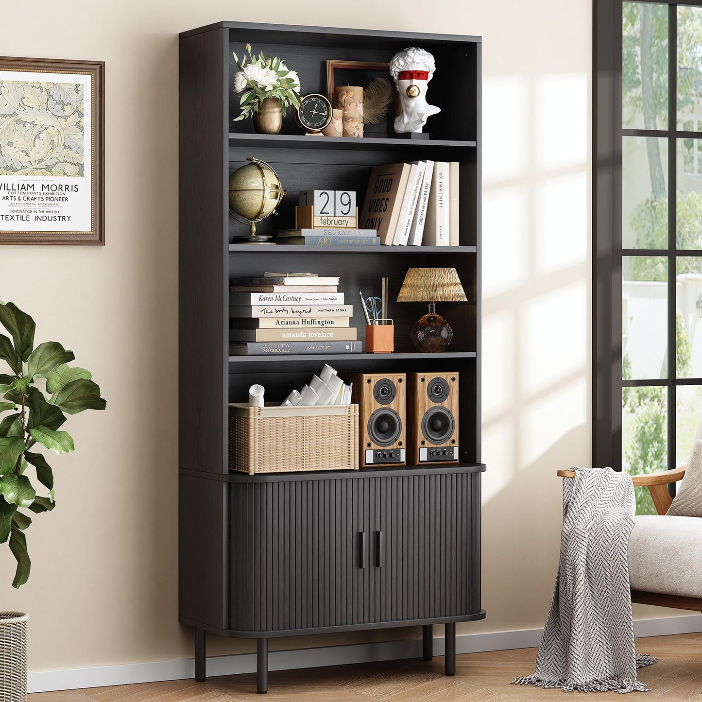 ONBRILL 71" Tall Bookshelf, 4-Tier Bookcase with Storage Cabinet & Adjustable Storage Shelf, Freestanding Wood Bookshelf with Sliding Door and Adjustable Footpad, for Home Office, Living Room, Walnut