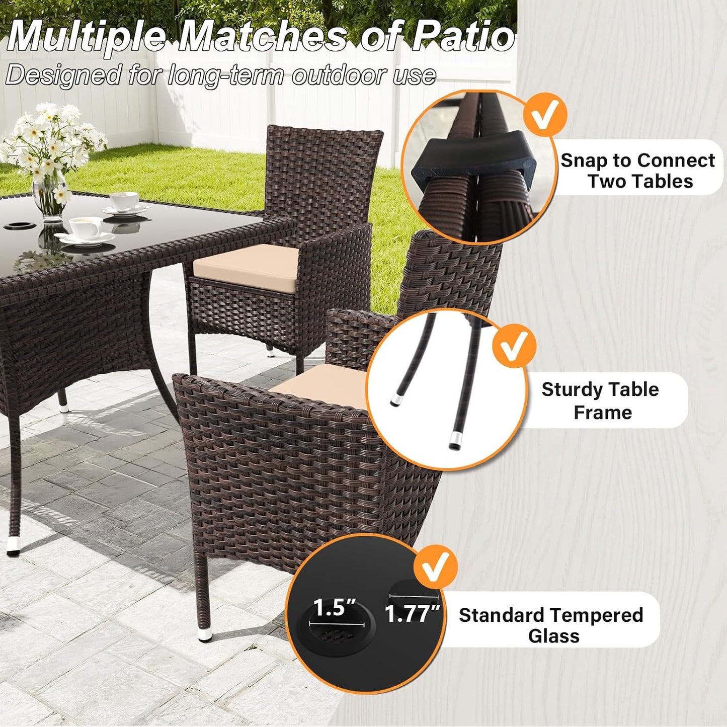 Gotland 5 Piece Outdoor Dining Set, All-Weather Rattan Patio Furniture Set with Umbrella Hole Tempered Glass Square Table, Outdoor Table and Chairs with Removable Cushions for Backyard, Deck, Sand