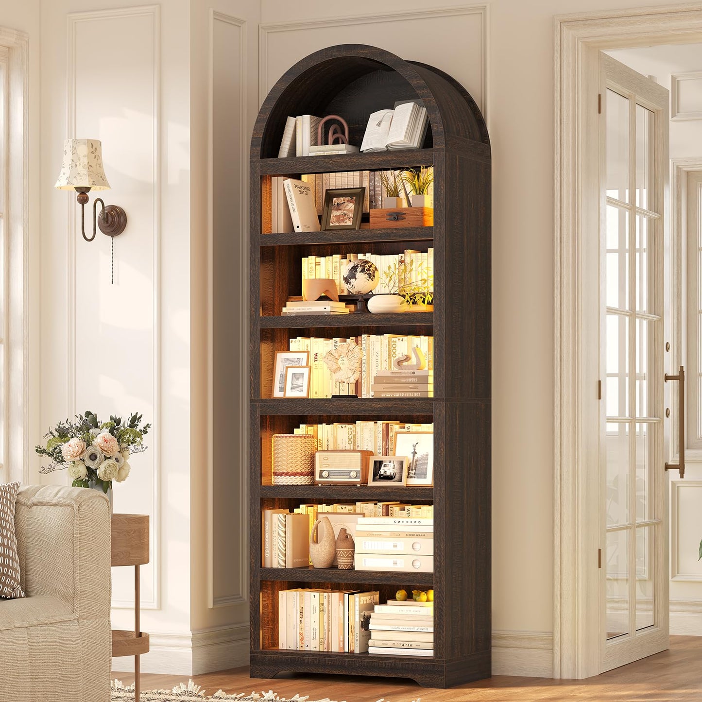 81" Tall Arched Cabinets,Bookcase with storage,Mid-Century Modern 6-Tier Bookshelf with Door,2 Book Risers and Adjustable Shelves offering more storage space for Living Room,Kitchen,Home Office,Walnut