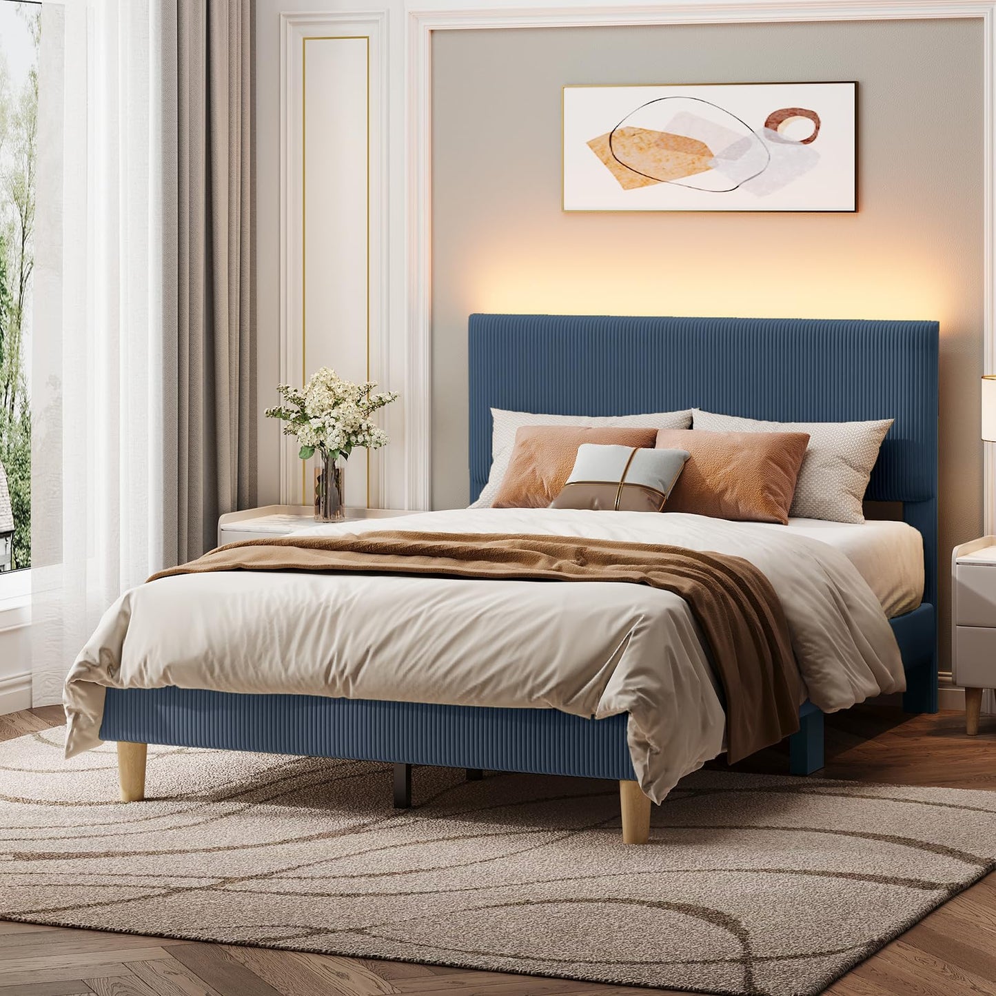 Bestier Queen Bed Frame with Headboard,Platform Queen Size Bed Frame with LED Lighting,Bed Frame Wooden Slats Support,No Box Spring Needed,Never Squeaks, Easy Assembly,Beige