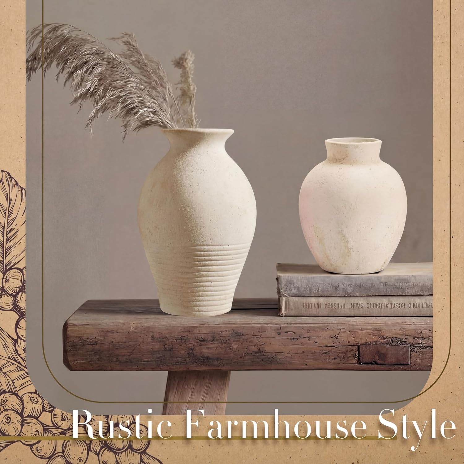 2 Pcs White Terracotta Farmhouse Decor Vases for Living Room Display