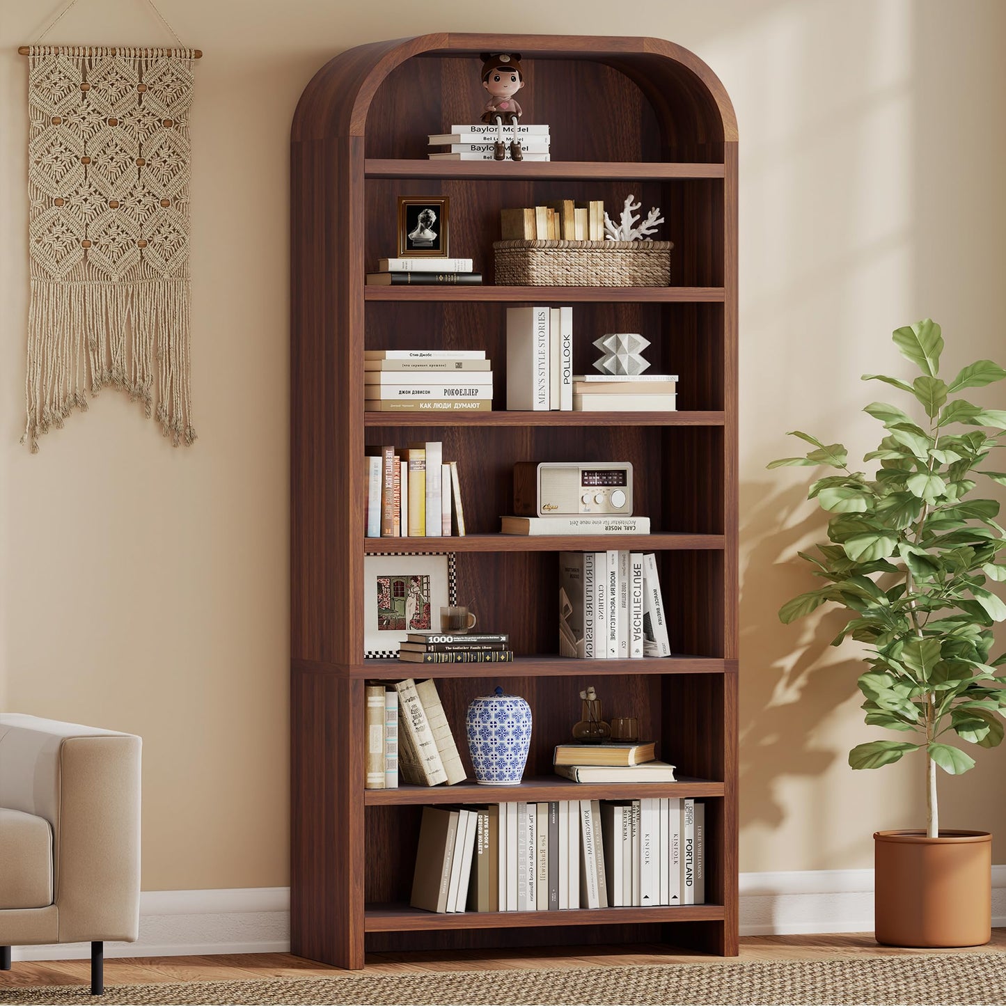LEVNARY Arched Bookcase with Drawer, 70" Tall 5-Tier Bookshelf with Fluted Carved Drawer, Freestanding Display Storage Cabinet for Living Room Home Office (Walnut)