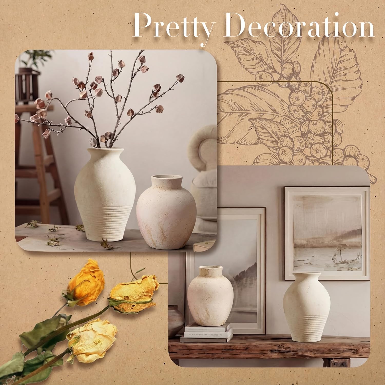 2 Pcs White Terracotta Farmhouse Decor Vases for Living Room Display