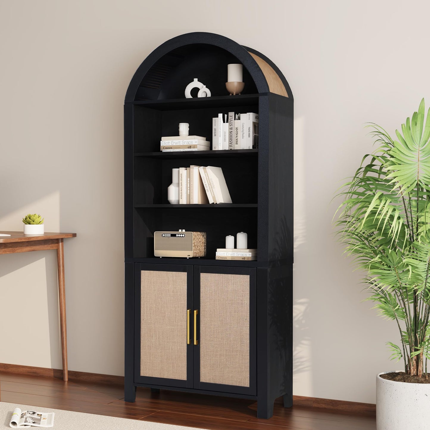 Janmer Home 71" Tall Arched Bookcase with Doors | 6-Tier Mid-Century Modern Arched Bookshelf Storage Cabinet | Adjustable Shelves | Freestanding Display Shelf for Living Room, Office (Natural)