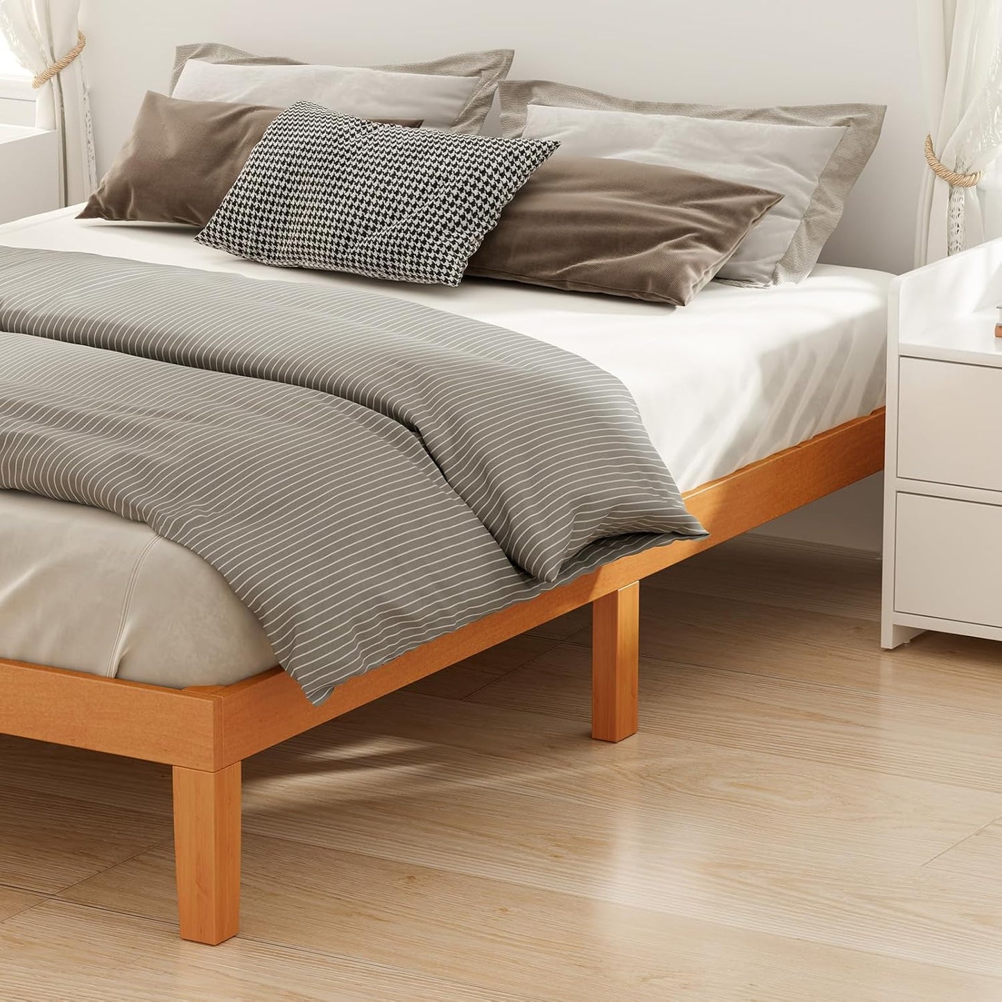 DUMOS Solid Wood Bed Frame, Queen Size Bed Base with Wooden Slat Support, Sturdy, Stylish & Noise-Free Design, No Box Spring Needed, Easy Assembly, 12 in Natural Pine