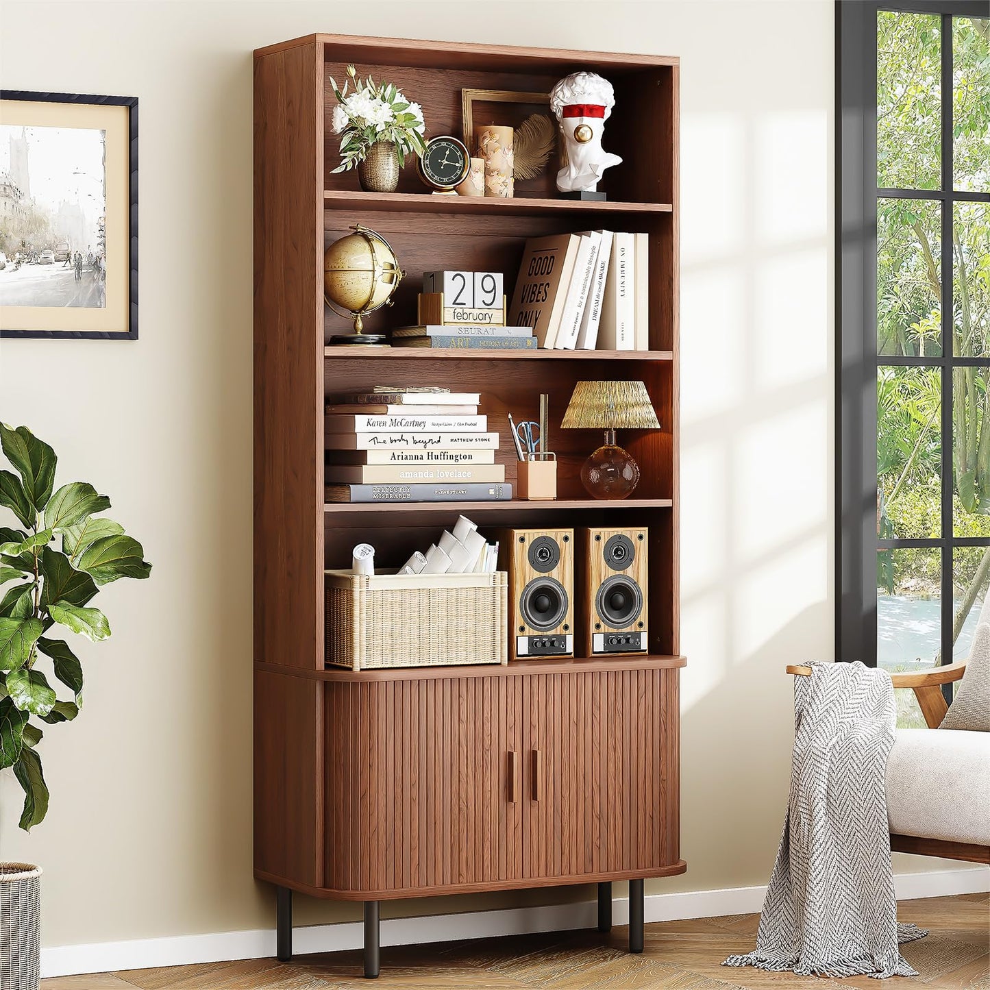 ONBRILL 71" Tall Bookshelf, 4-Tier Bookcase with Storage Cabinet & Adjustable Storage Shelf, Freestanding Wood Bookshelf with Sliding Door and Adjustable Footpad, for Home Office, Living Room, Walnut