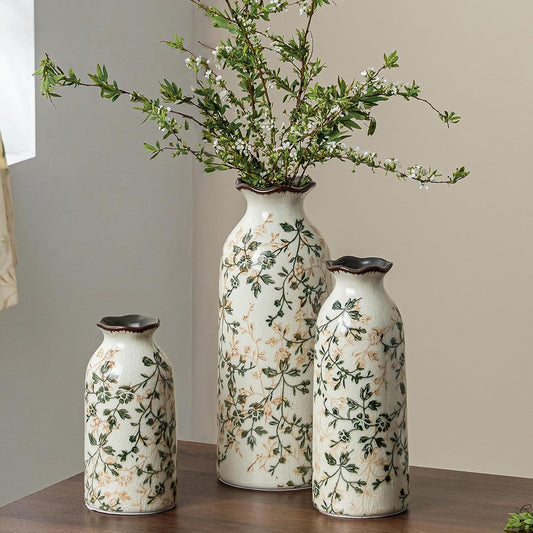 Set of 3 Green Rustic Ceramic Farmhouse Vases, Vintage Decor Flower Vases for Mantel Shelf Entryway Centerpieces